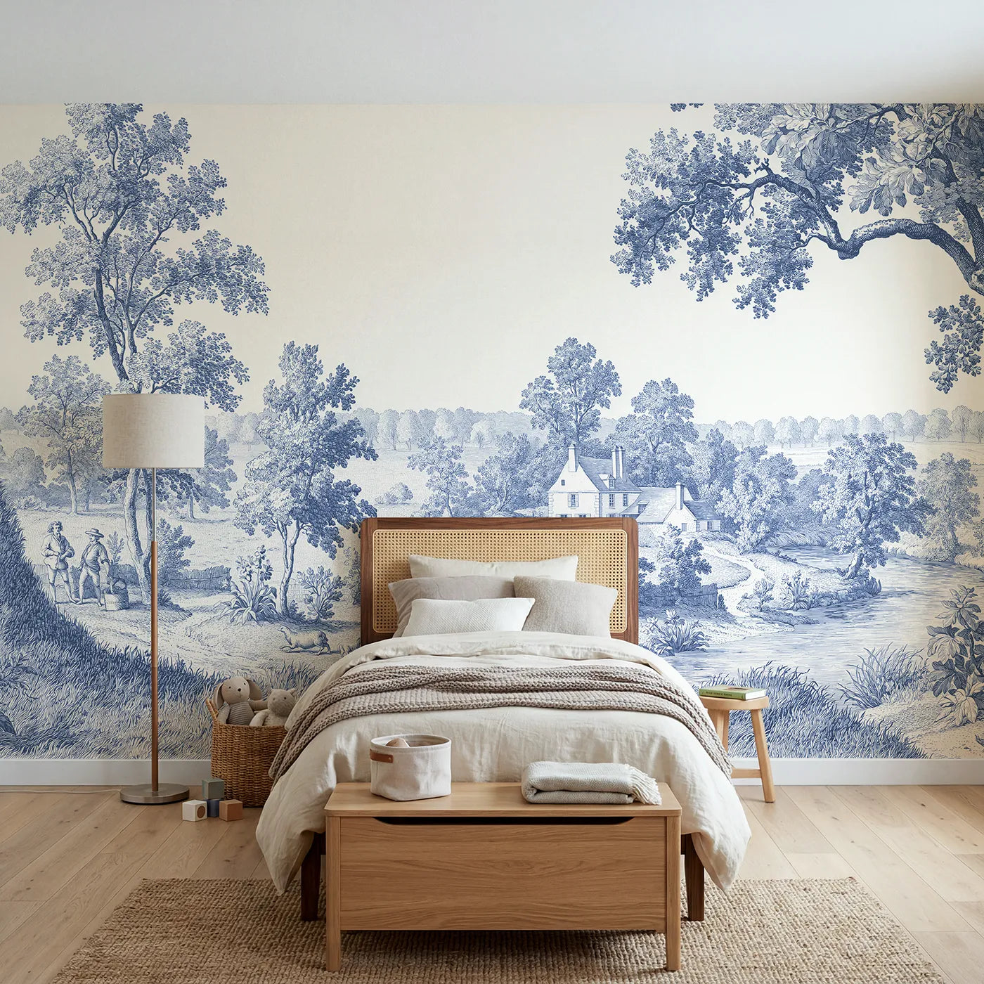Toile wall mural of a riverside mill house in single ink by Whimsy Tots