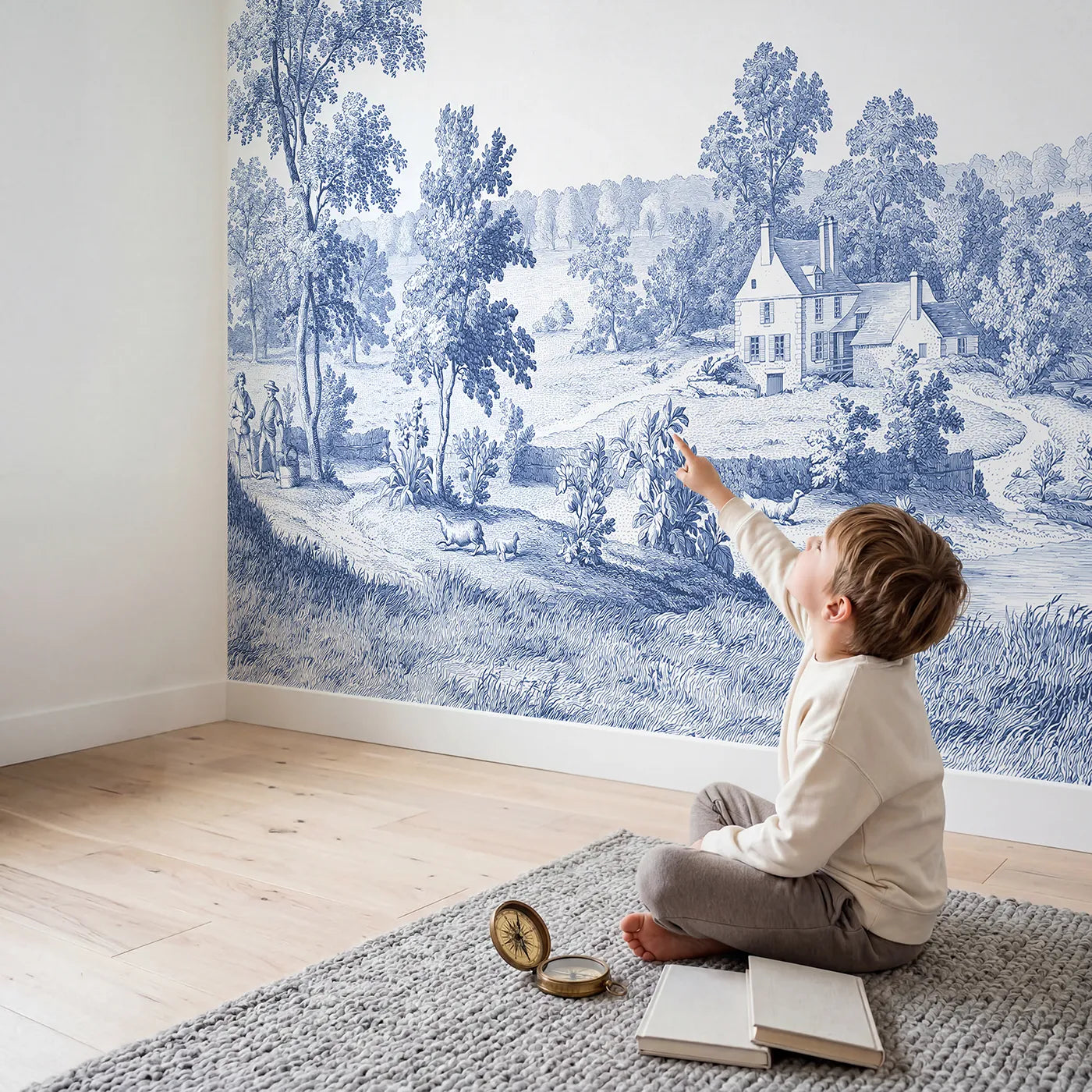 Child in nursery with Riverside Mill House Wallpaper Mural by Whimsy Tots