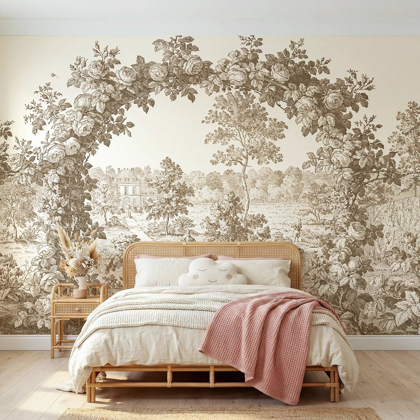 Toile wall mural of a rose trellis arbor in brown ink by Whimsy Tots
