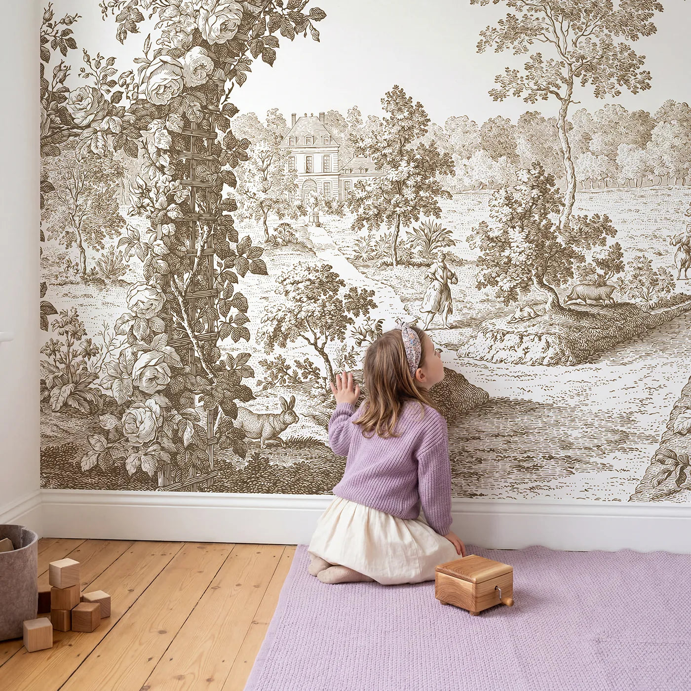 Child in nursery with Trellis Rose Arbor Wallpaper Mural in Brown by Whimsy Tots