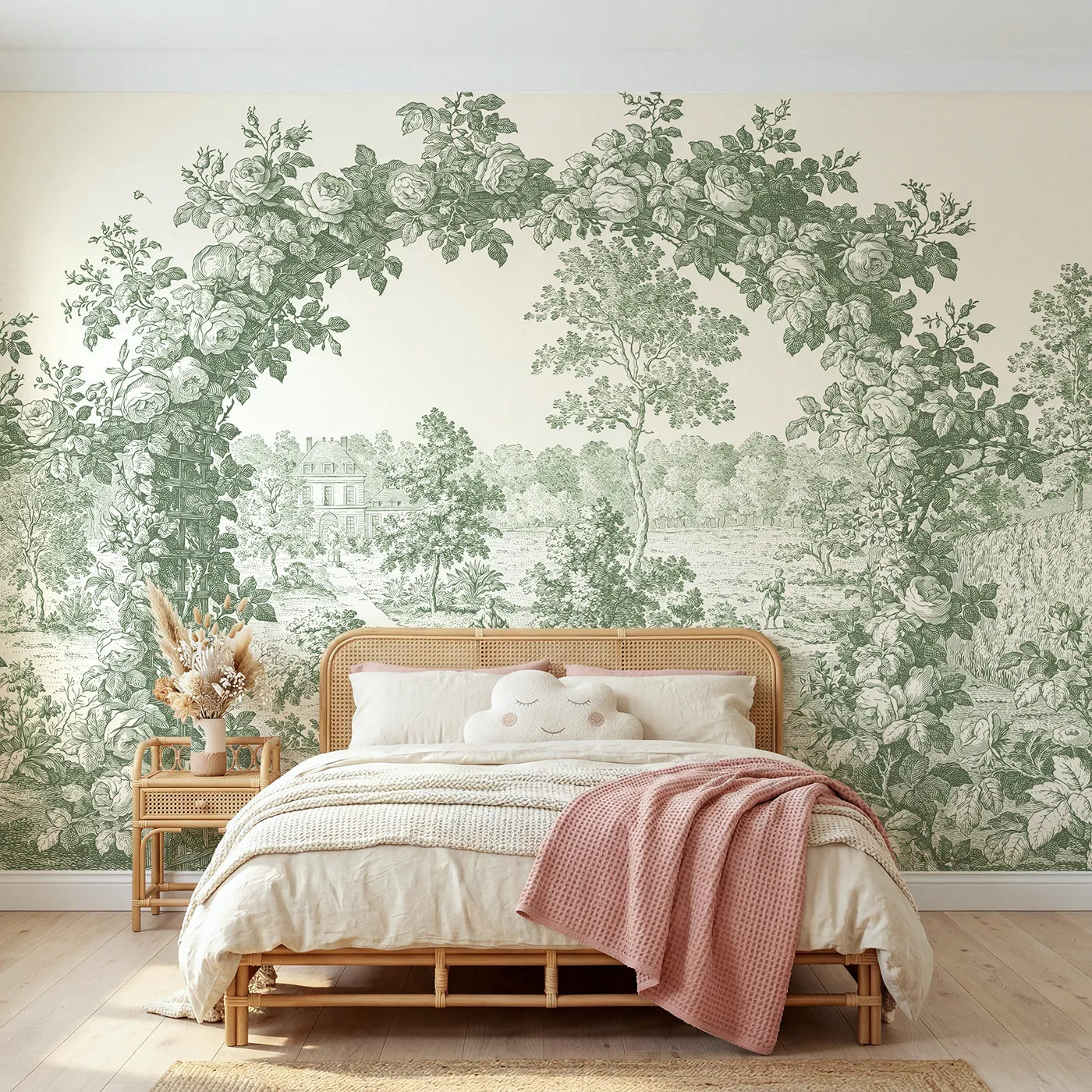 Toile wall mural of a rose trellis arbor in green ink by Whimsy Tots