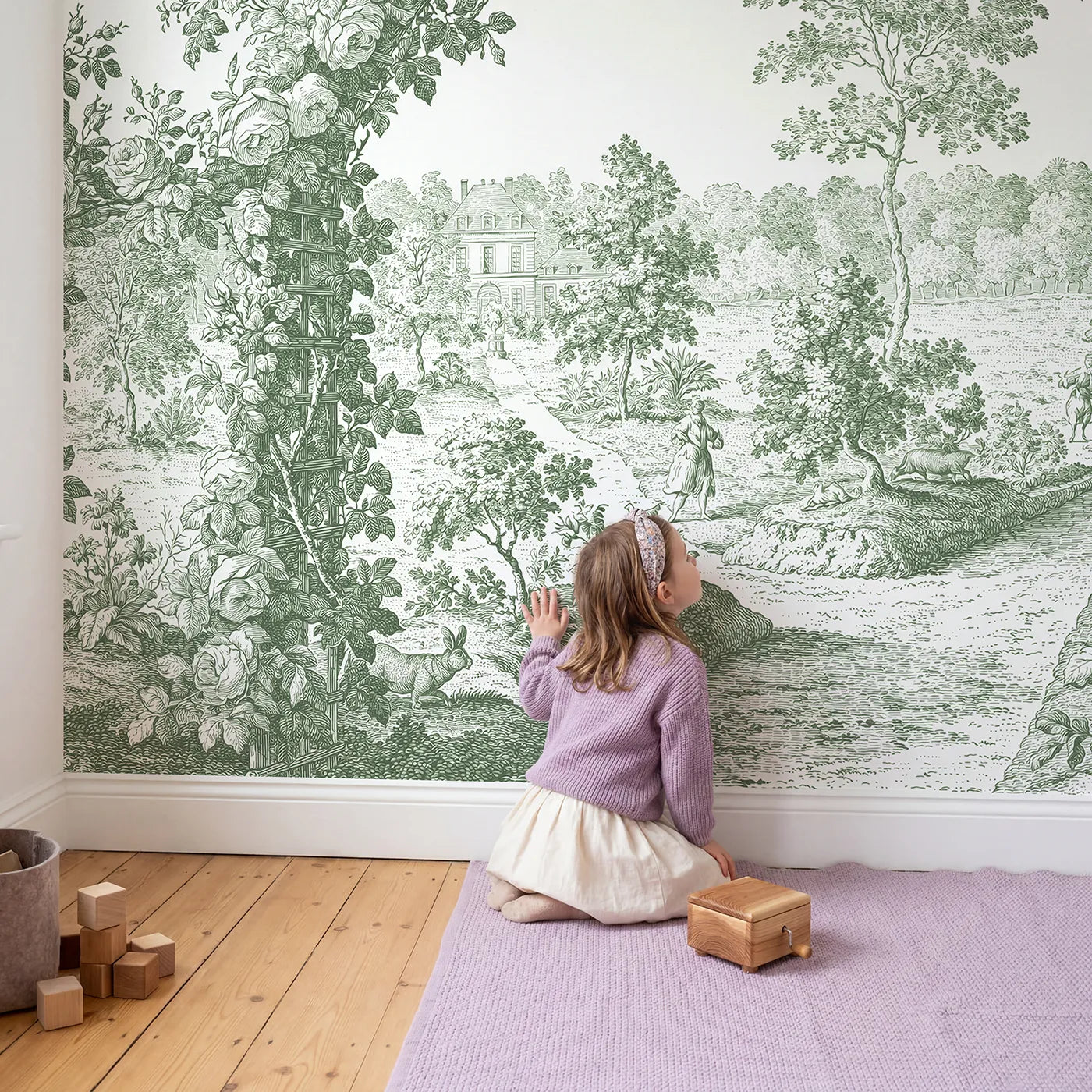 Child in nursery with Trellis Rose Arbor Wallpaper Mural in Green by Whimsy Tots