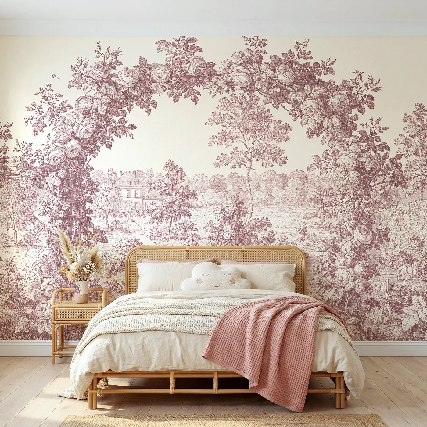 Toile wall mural of a rose trellis arbor in pink ink by Whimsy Tots