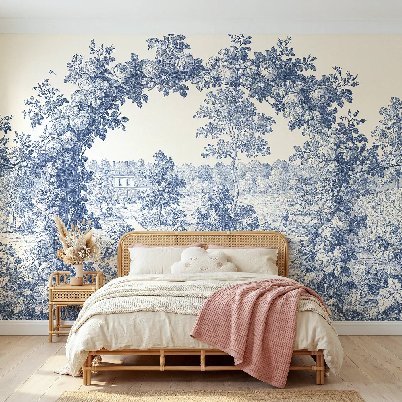 Toile wall mural of a rose trellis arbor in single ink by Whimsy Tots
