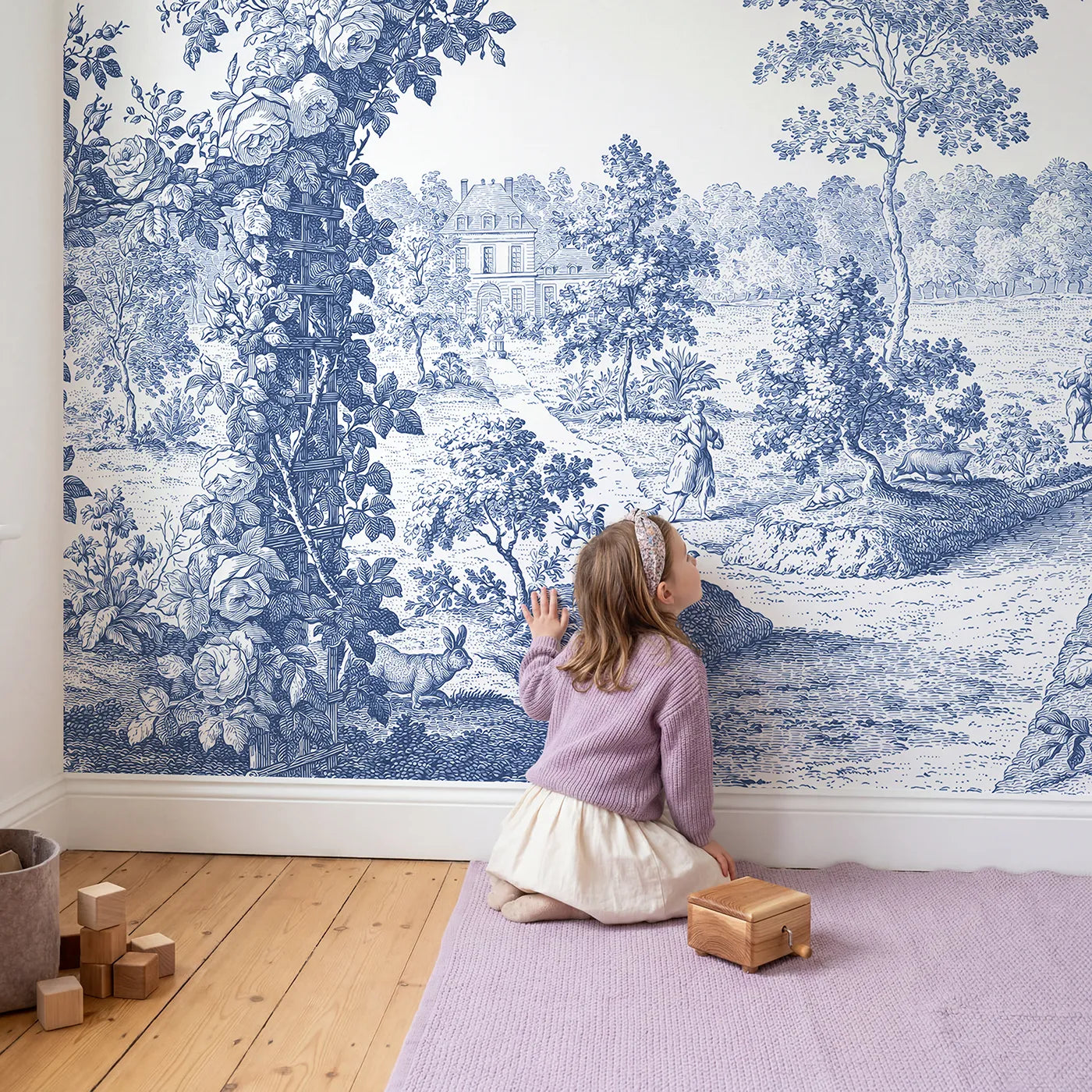 Child in nursery with Trellis Rose Arbor Wallpaper Mural by Whimsy Tots