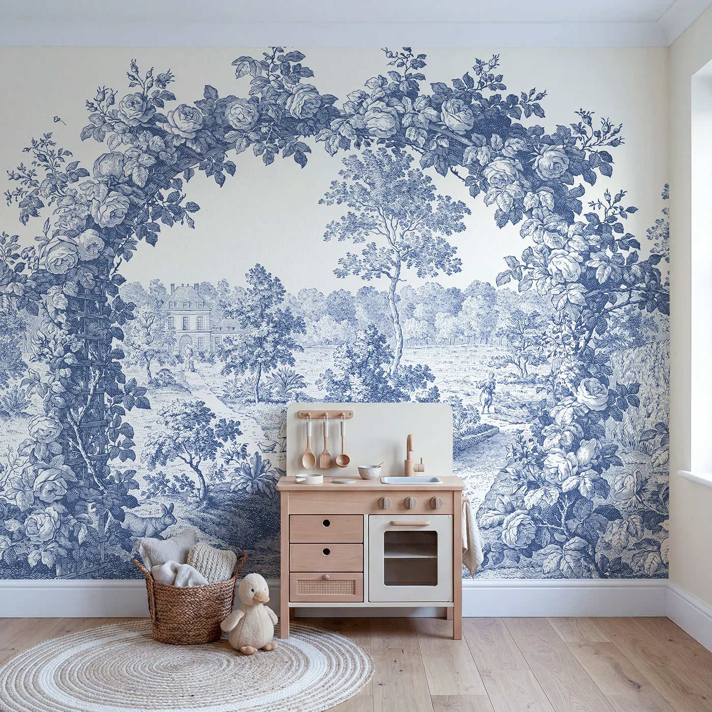 Trellis Rose Arbor Wallpaper Mural in playroom setting by Whimsy Tots