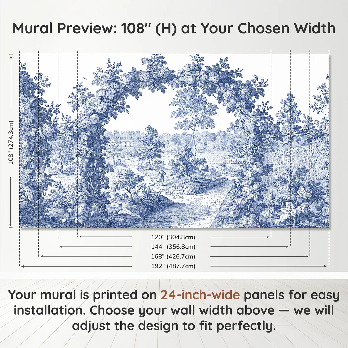 Panel layout and dimensions for Trellis Rose Arbor Wallpaper Mural by Whimsy Tots