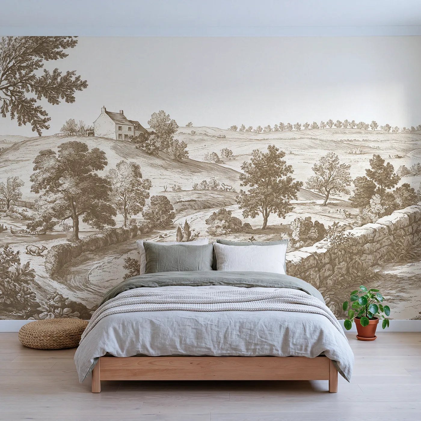 Toile wall mural of a hilltop cottage and fields in brown ink by Whimsy Tots