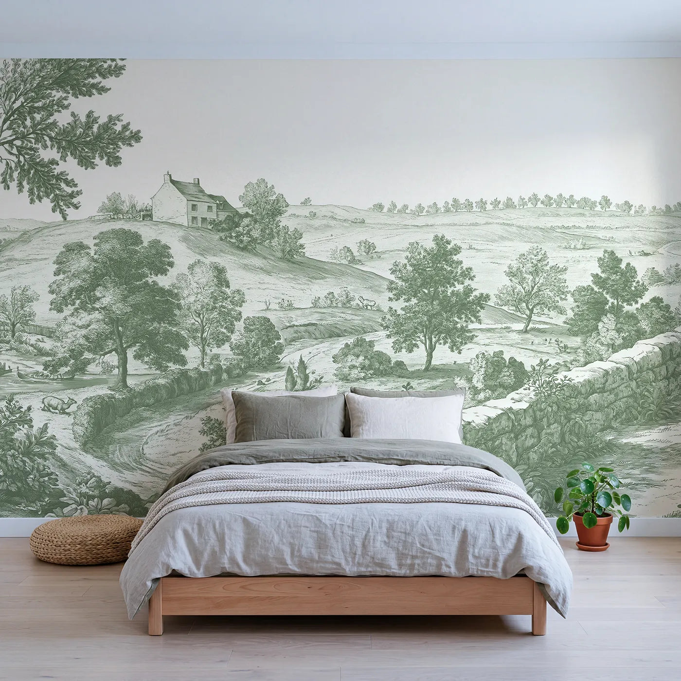 Toile wall mural of a hilltop cottage and fields in green ink by Whimsy Tots