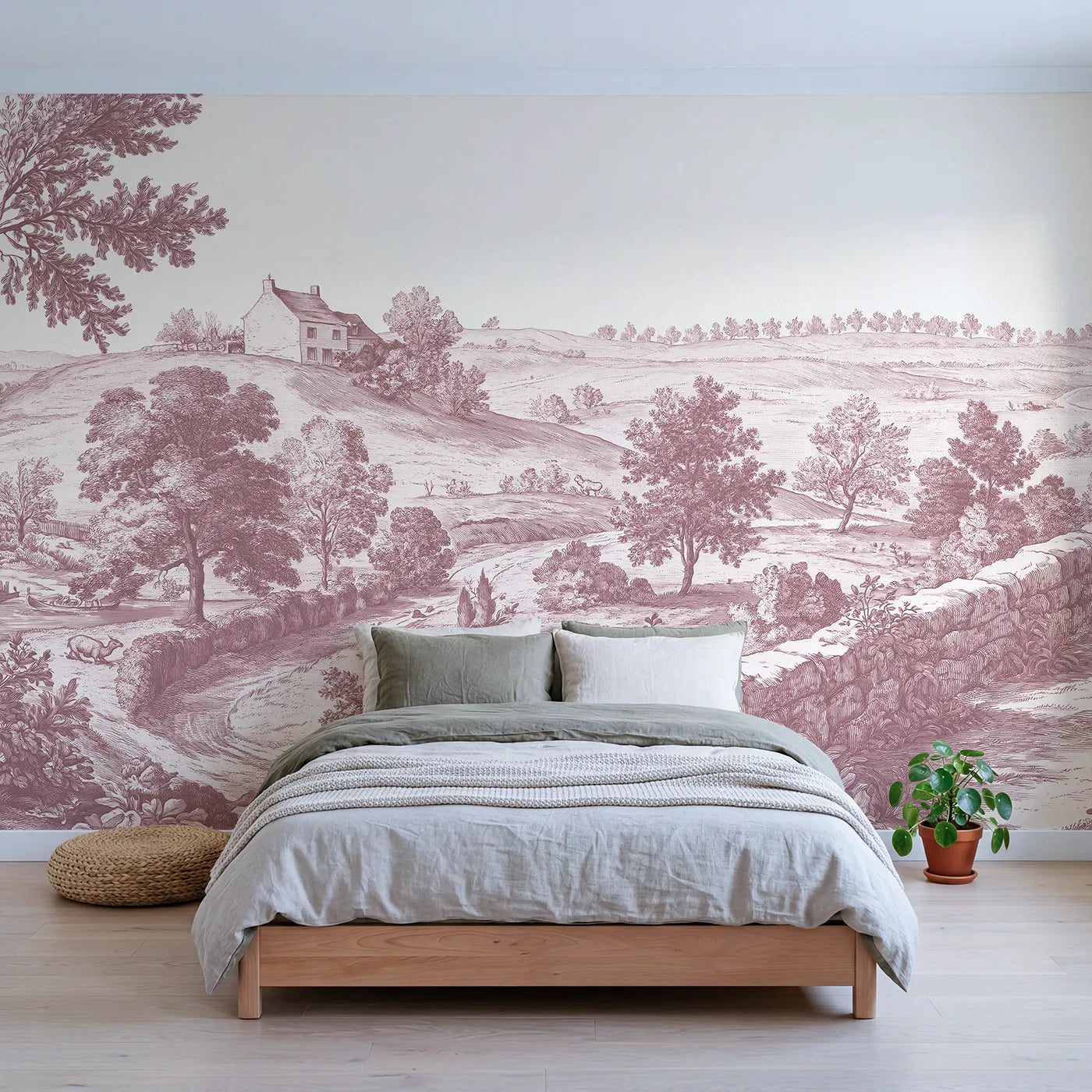 Toile wall mural of a hilltop cottage and fields in pink ink by Whimsy Tots