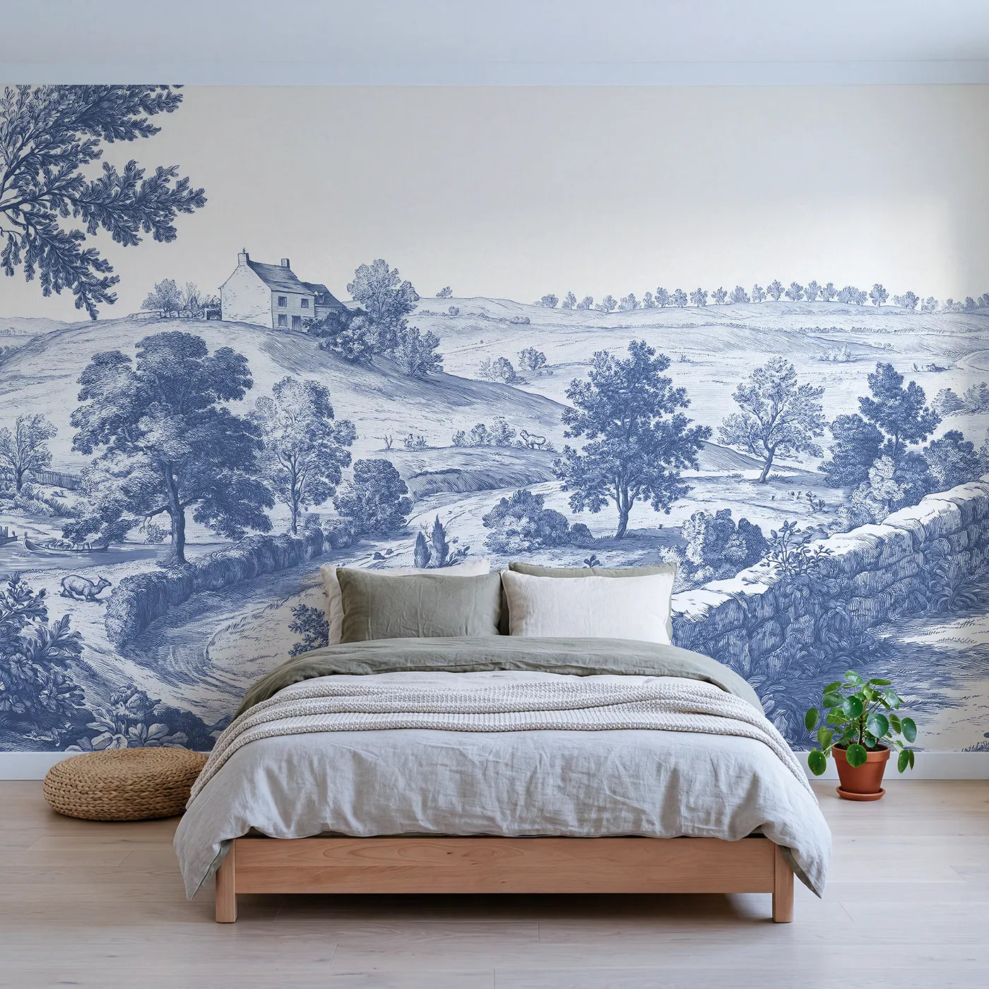 Toile wall mural of a hilltop cottage and fields in single ink by Whimsy Tots