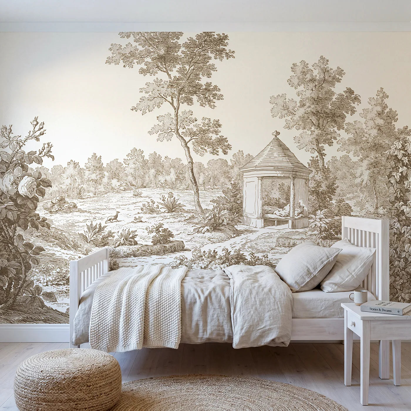 Toile wall mural of a garden pavilion in brown ink on bright white by Whimsy Tots