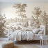 Toile wall mural of a garden pavilion in brown ink on bright white by Whimsy Tots