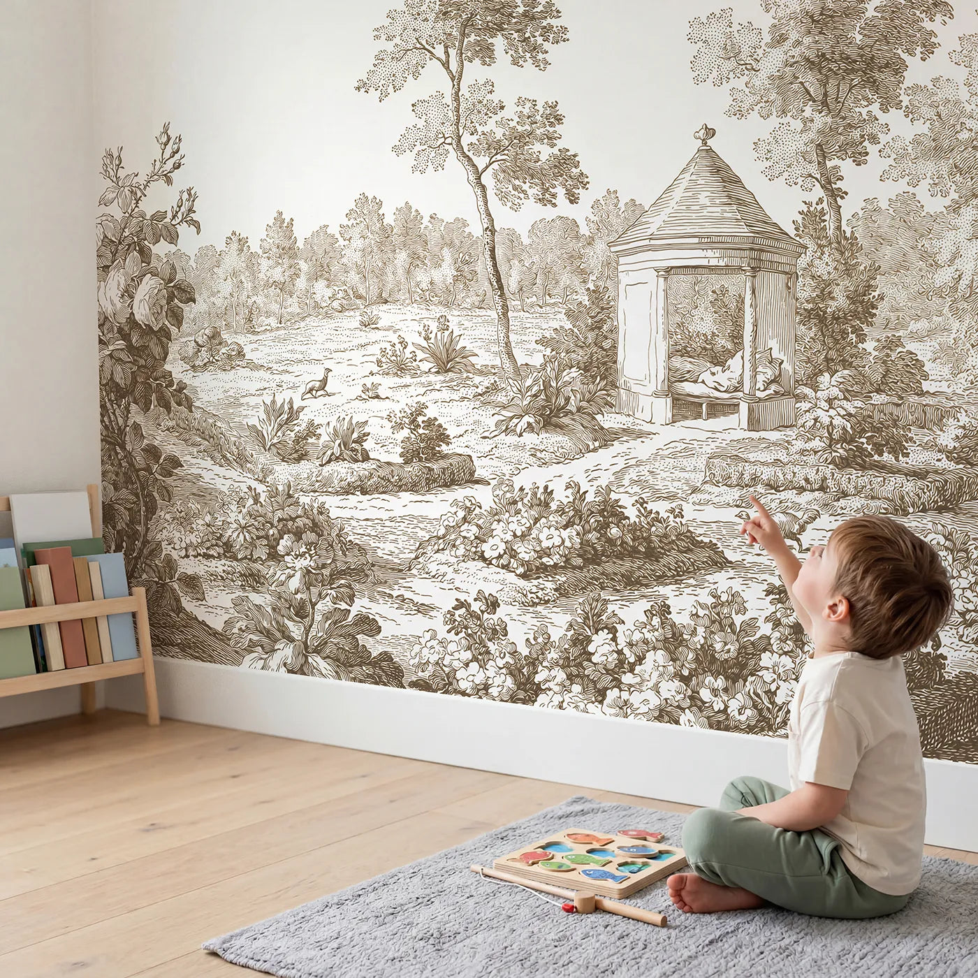 Child in nursery with Garden Pavilion Rest Wallpaper Mural in Brown by Whimsy Tots