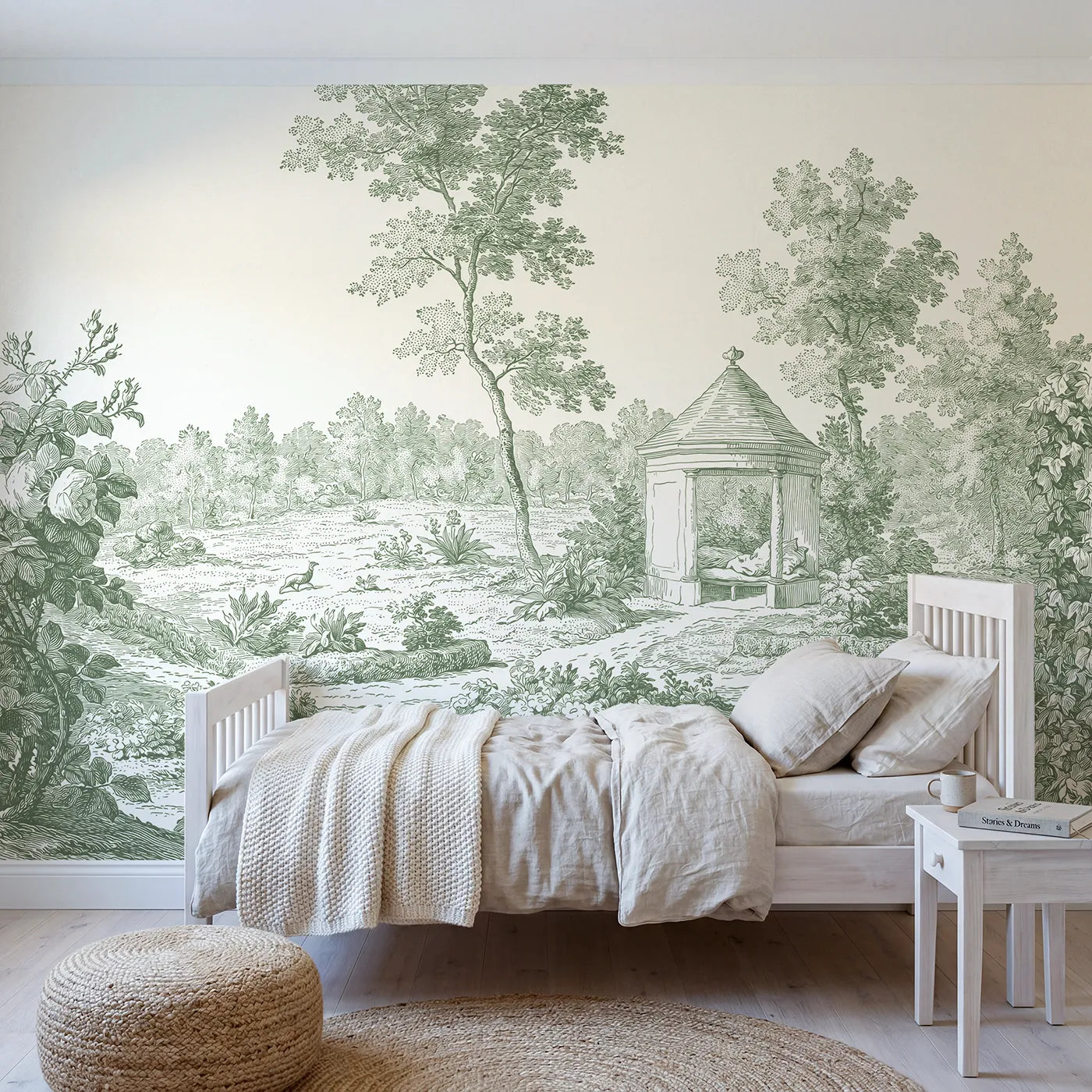 Toile wall mural of a garden pavilion in green ink on bright white by Whimsy Tots