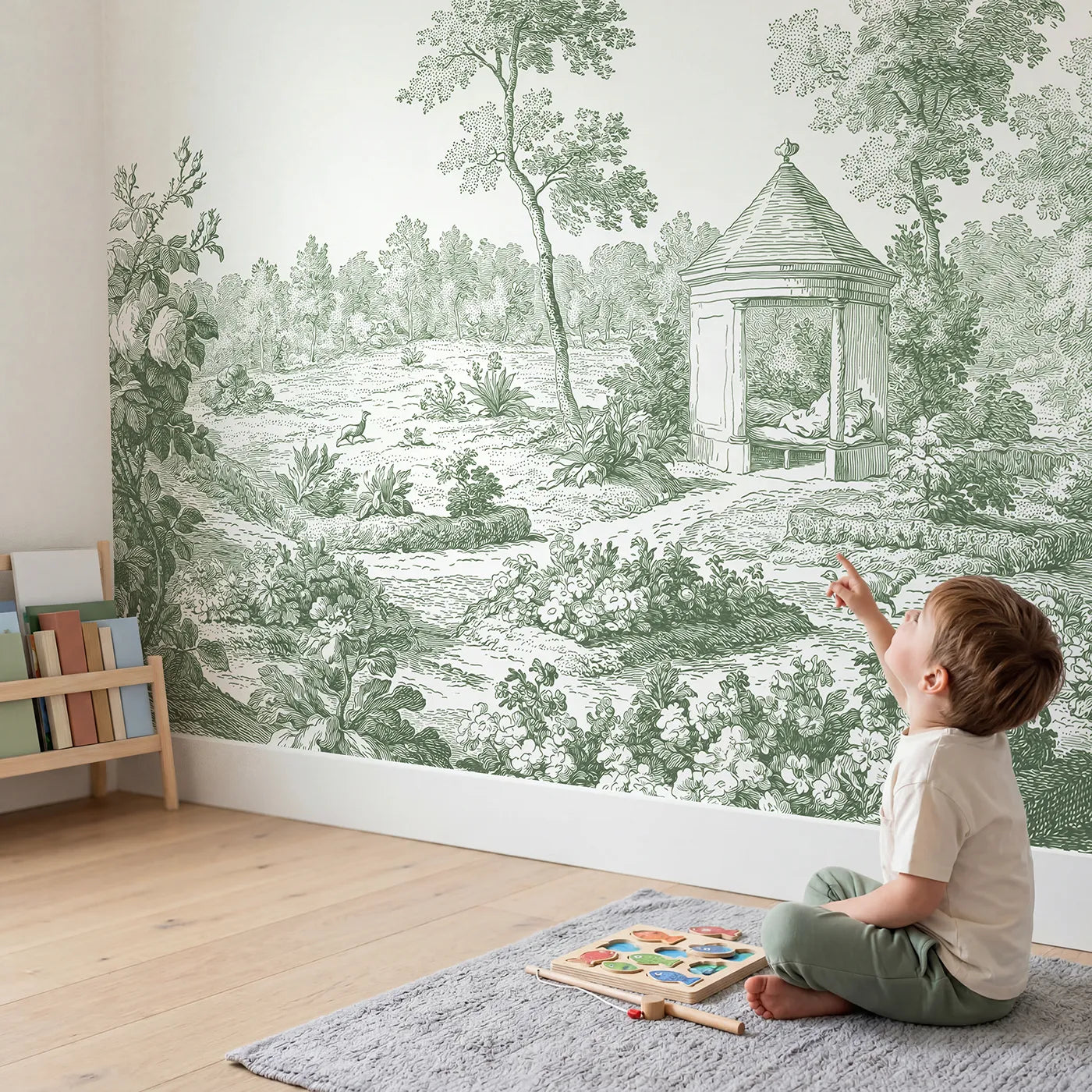 Child in nursery with Garden Pavilion Rest Wallpaper Mural in Green by Whimsy Tots
