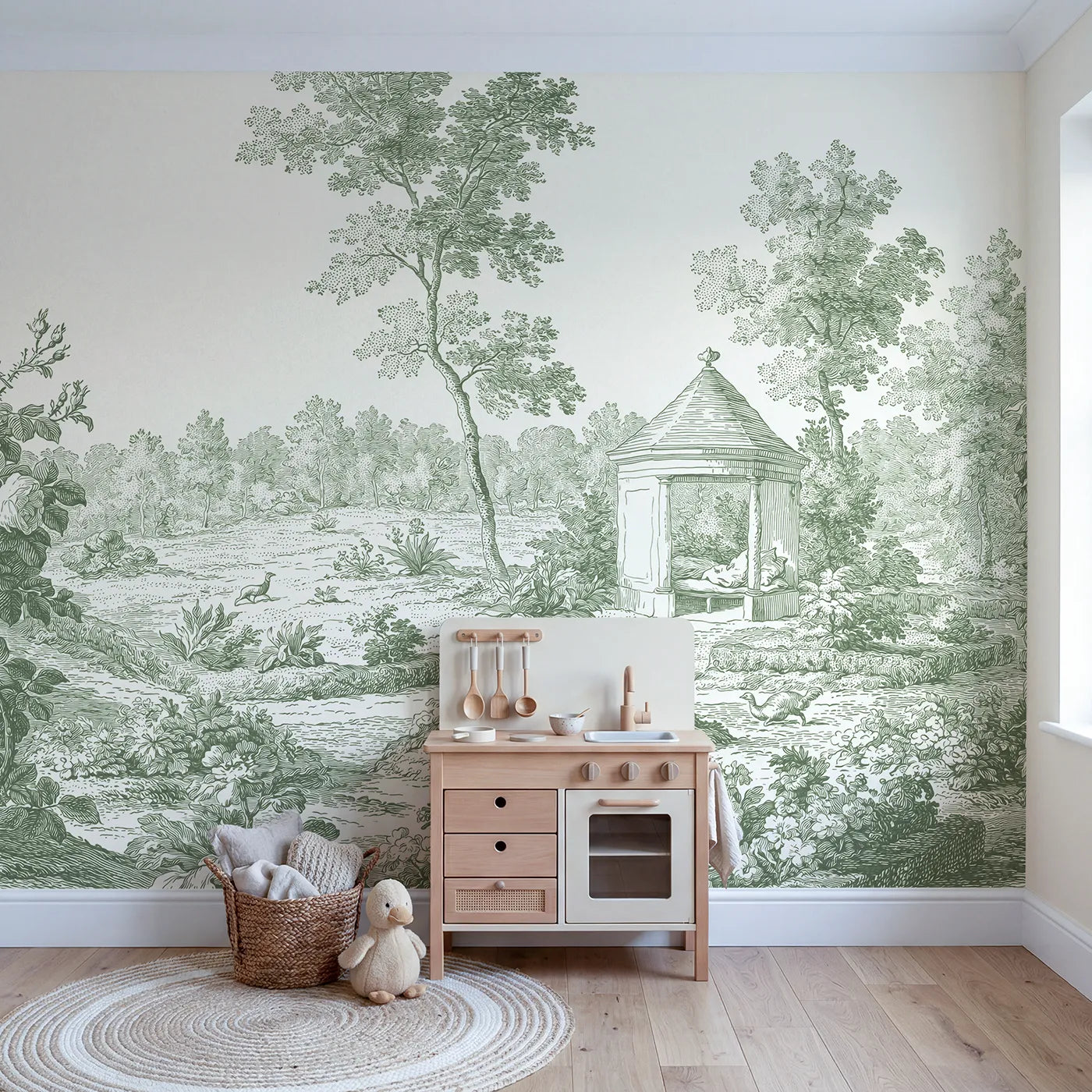 Garden Pavilion Rest Wallpaper Mural in Green in playroom setting by Whimsy Tots