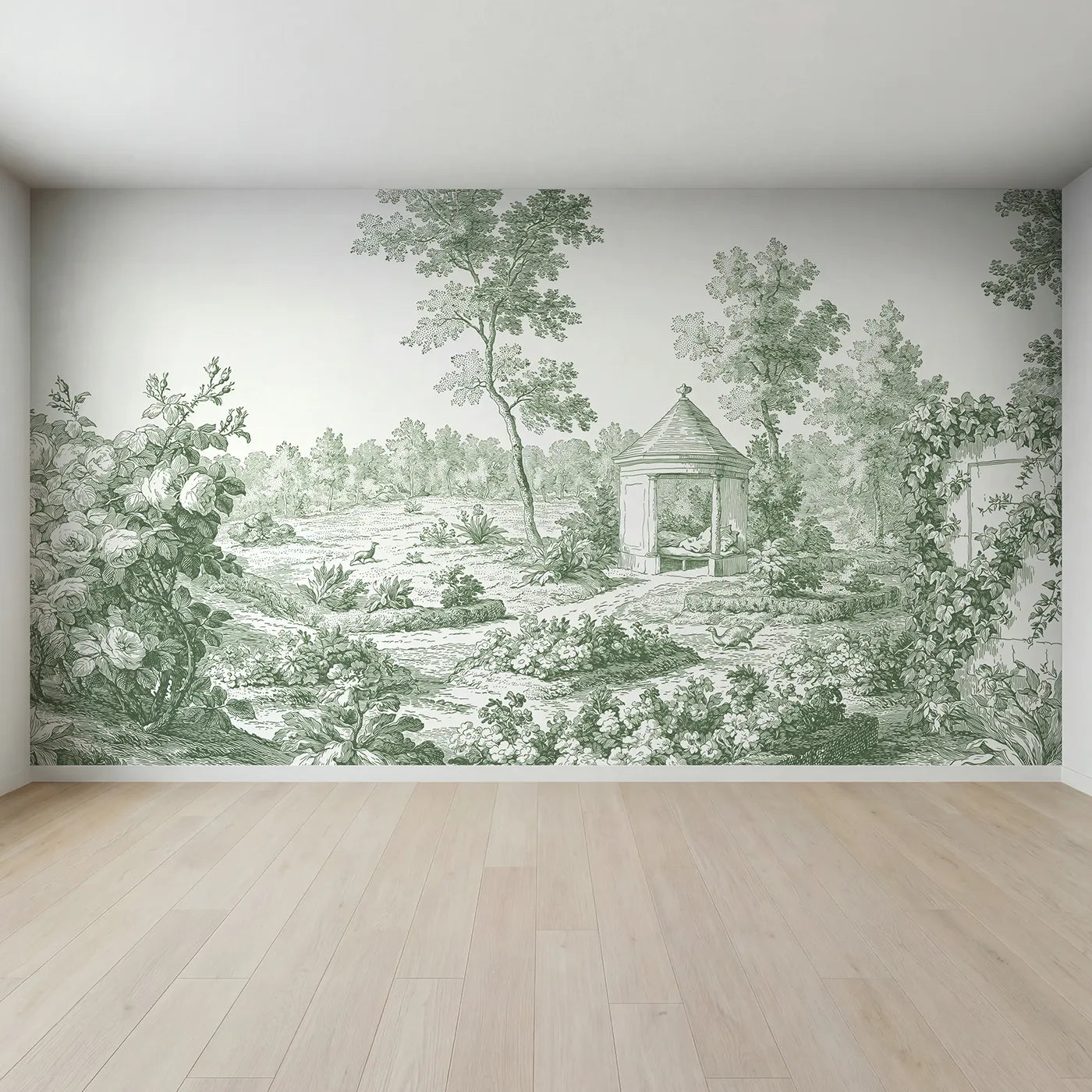 Full view of Garden Pavilion Rest Wallpaper Mural in Green by Whimsy Tots