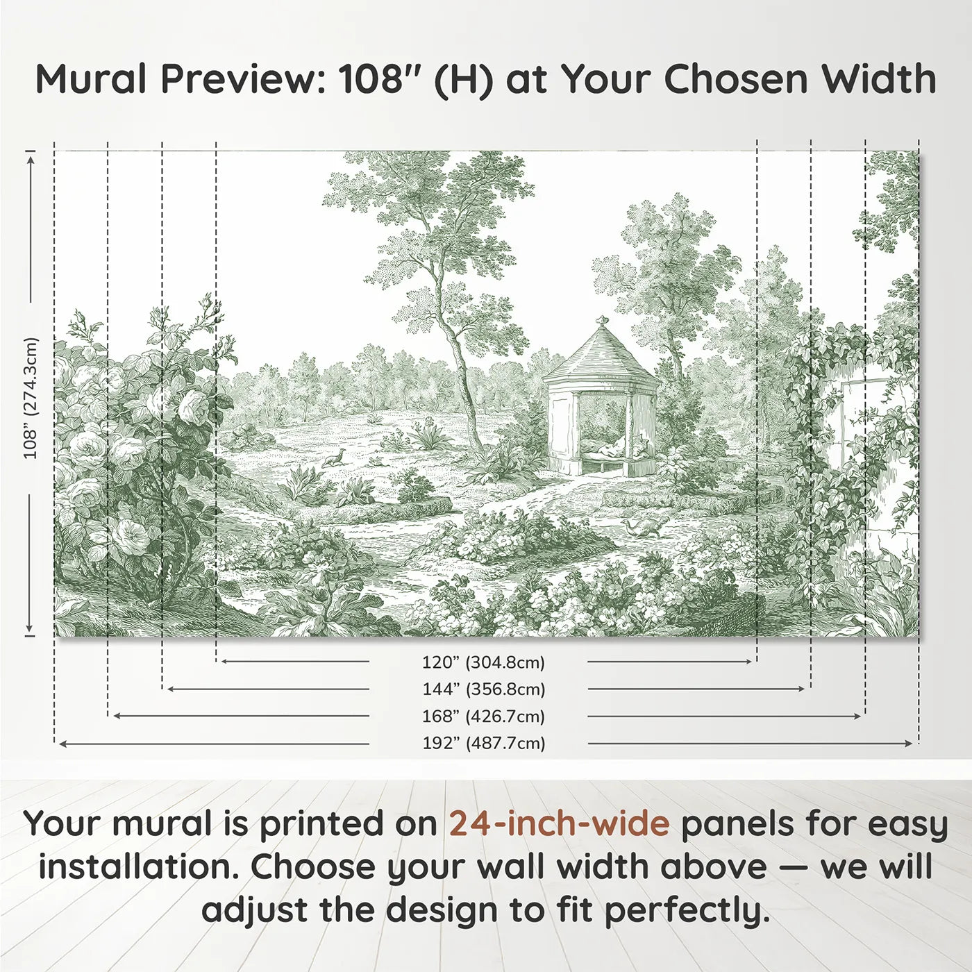 Panel layout and dimensions for Garden Pavilion Rest Wallpaper Mural in Green by Whimsy Tots
