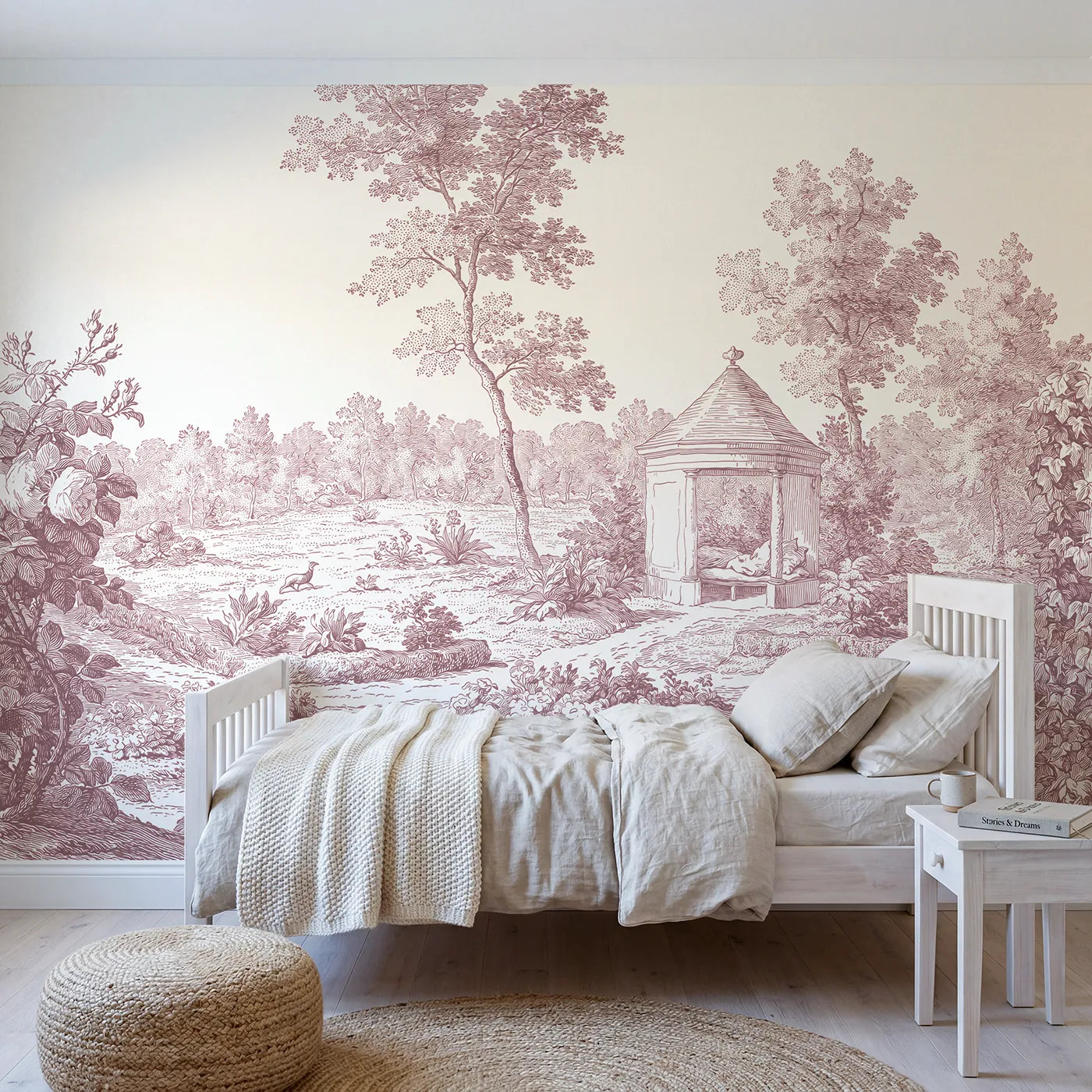 Toile wall mural of a garden pavilion in pink ink on bright white by Whimsy Tots