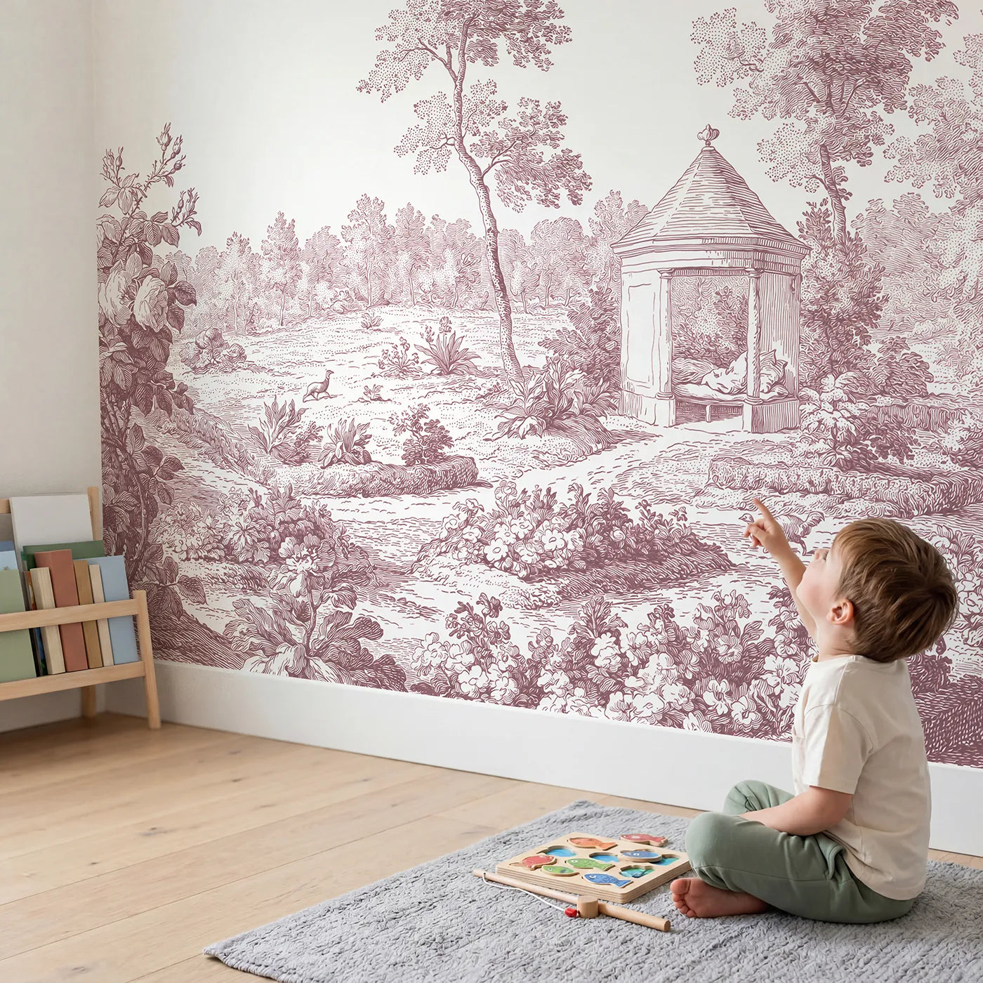 Child in nursery with Garden Pavilion Rest Wallpaper Mural in Pink by Whimsy Tots