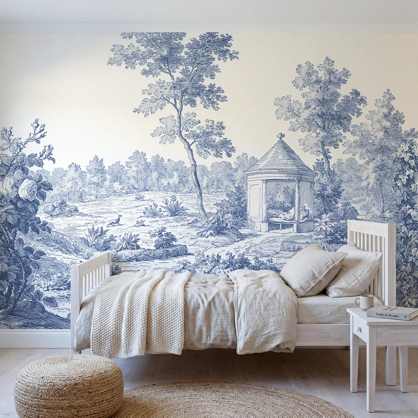 Toile wall mural of a garden pavilion in single ink on bright white by Whimsy Tots