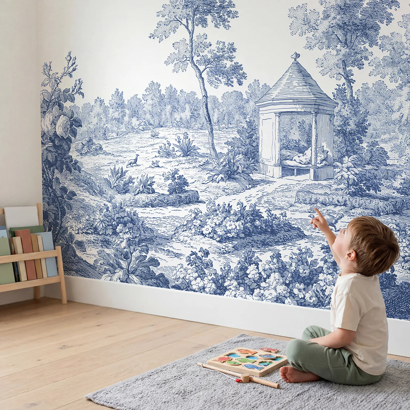 Child in nursery with Garden Pavilion Rest Wallpaper Mural by Whimsy Tots