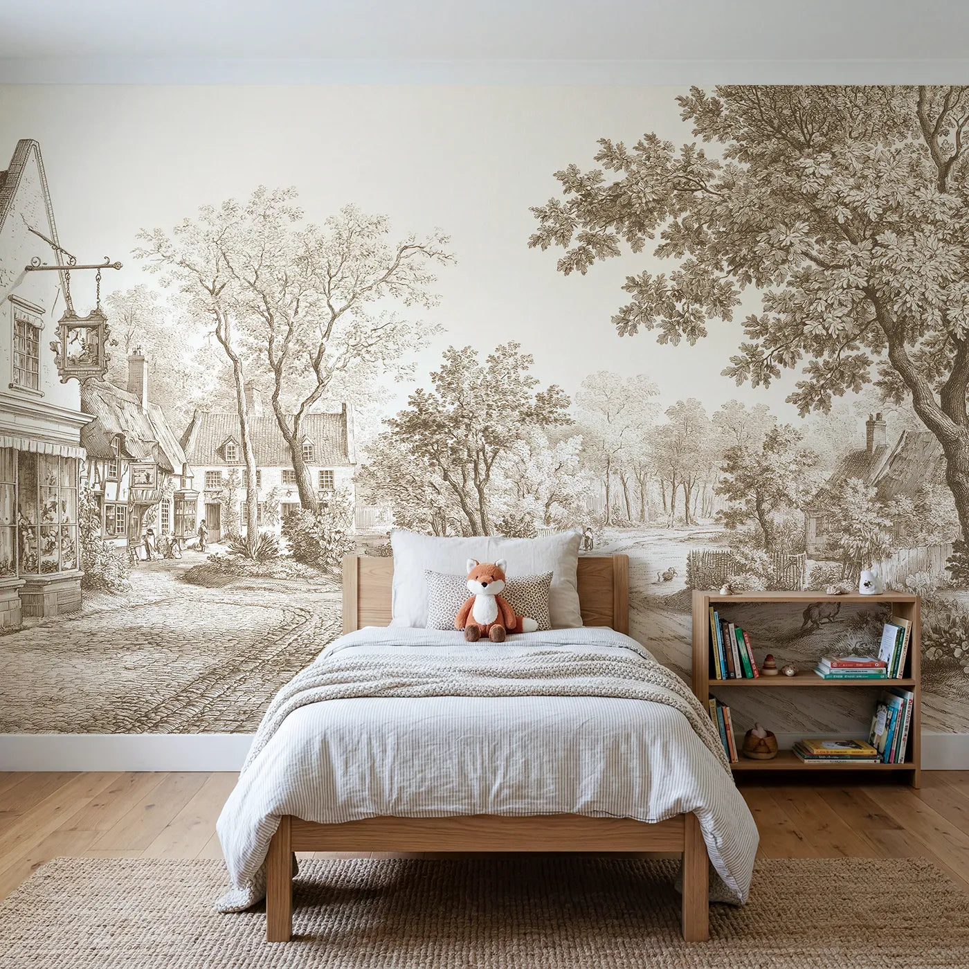 Toile wall mural of a village square in brown ink on bright white by Whimsy Tots