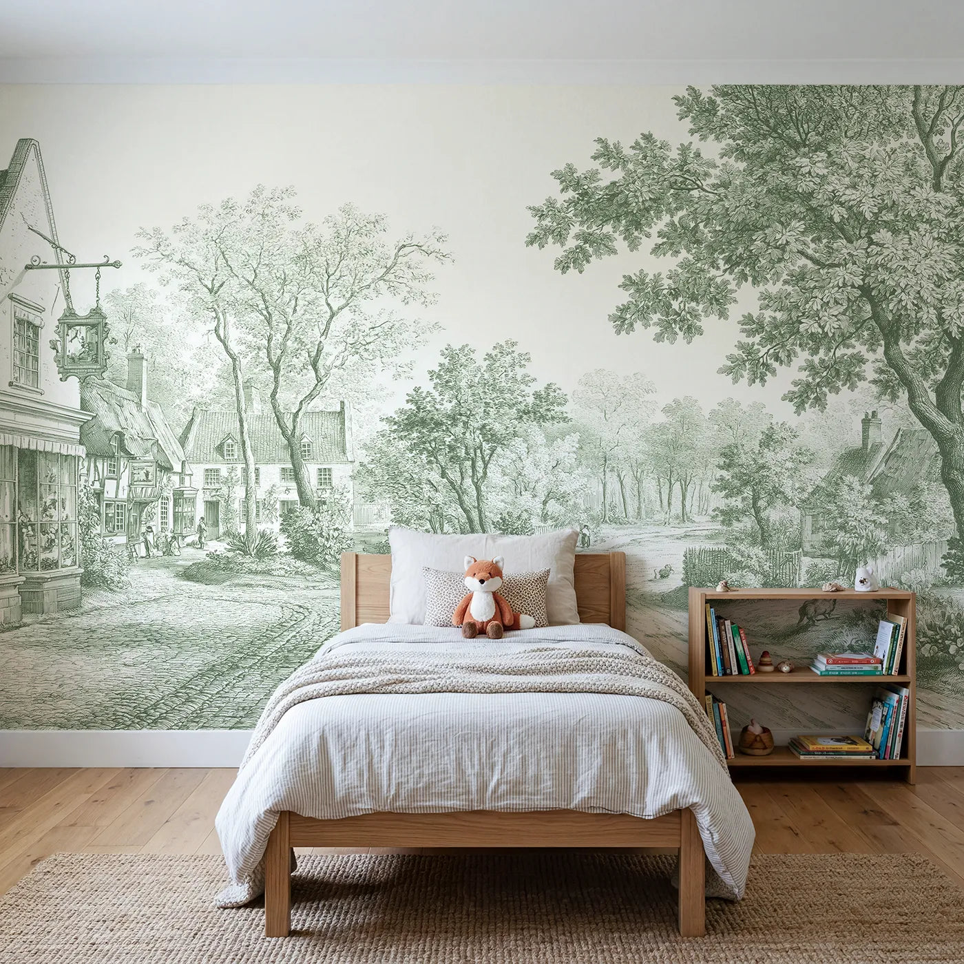 Toile wall mural of a village square in green ink on bright white by Whimsy Tots