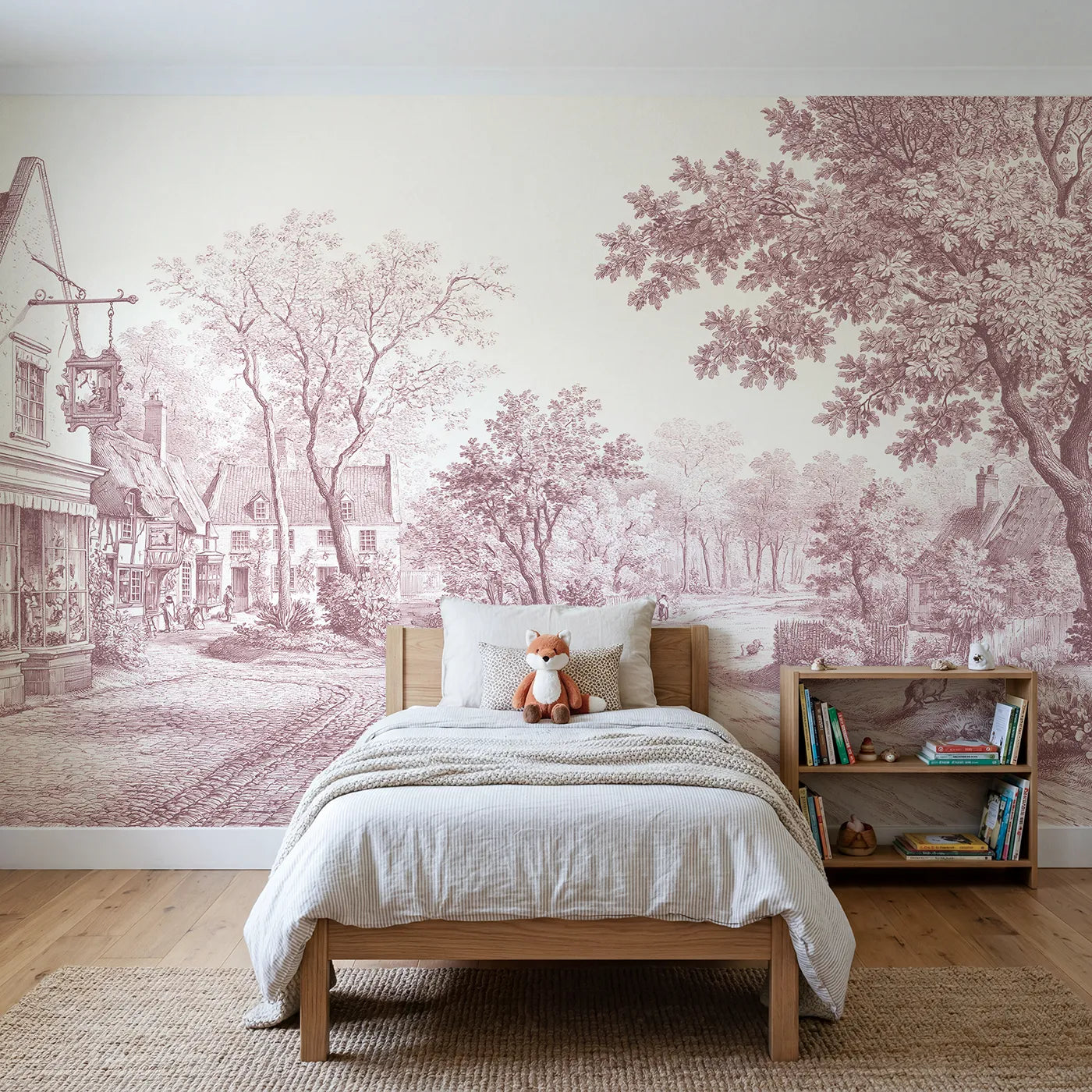 Toile wall mural of a village square in pink ink on bright white by Whimsy Tots