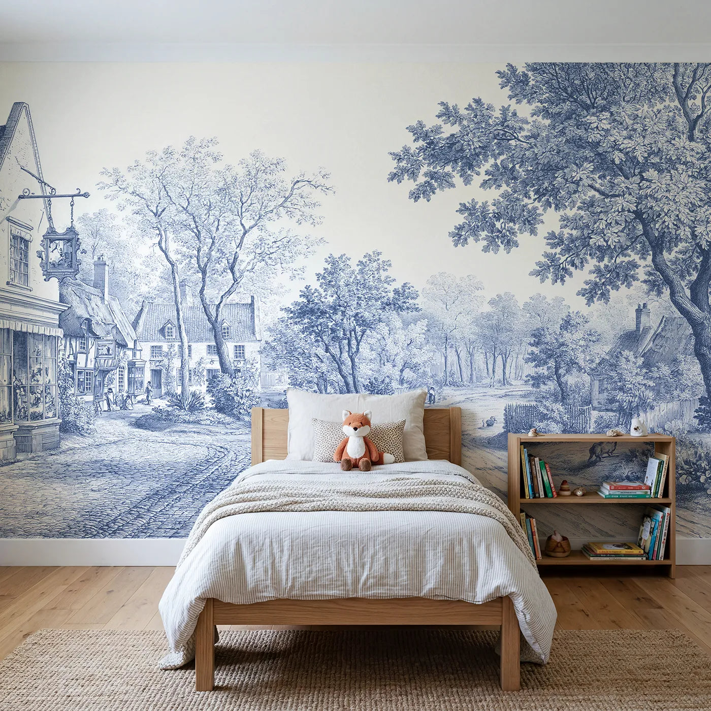 Toile wall mural of a village square in single ink on bright white by Whimsy Tots
