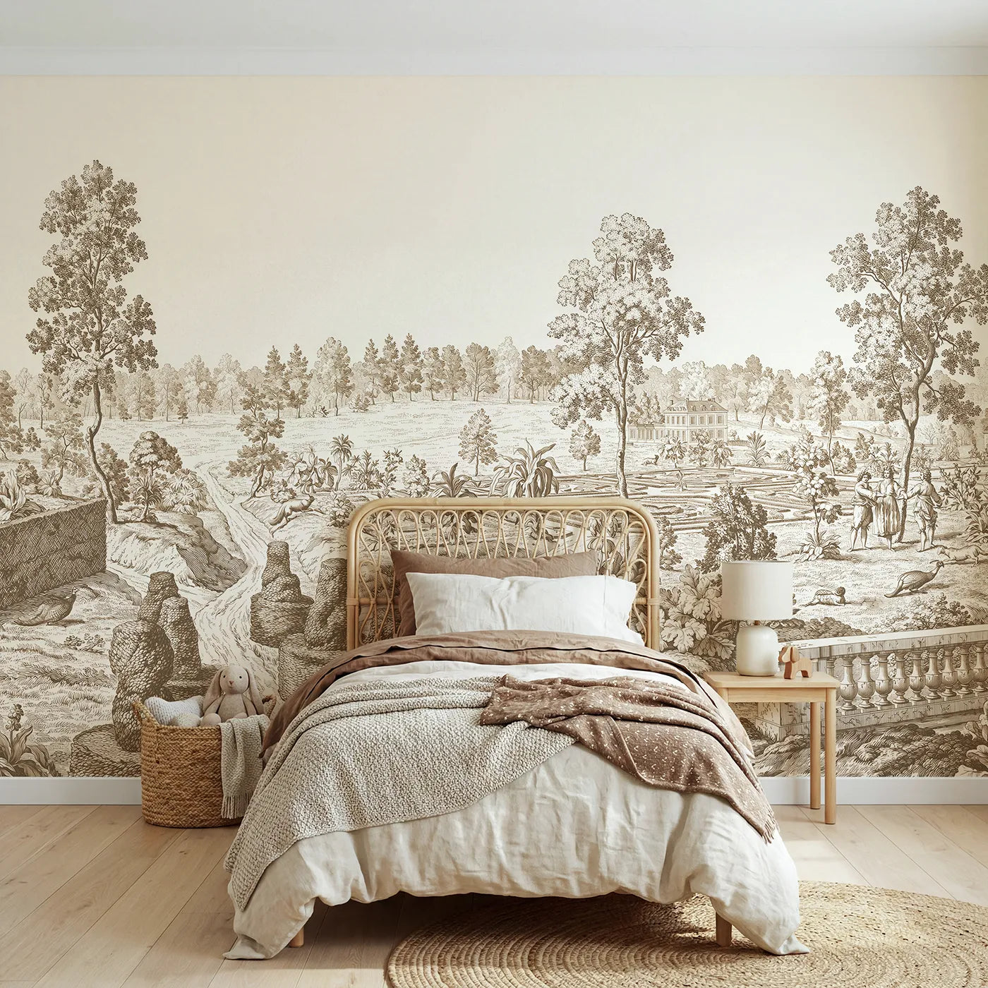 Toile wall mural of a topiary garden path in brown ink by Whimsy Tots
