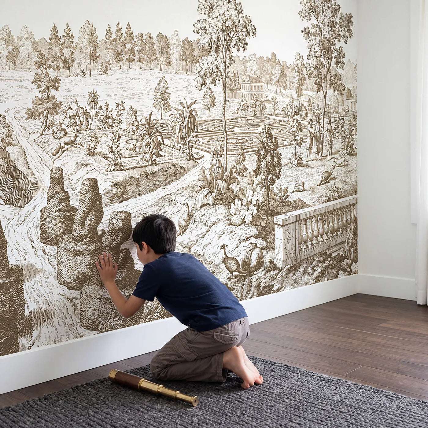 Child in nursery with Topiary Garden Path Wallpaper Mural in Brown by Whimsy Tots