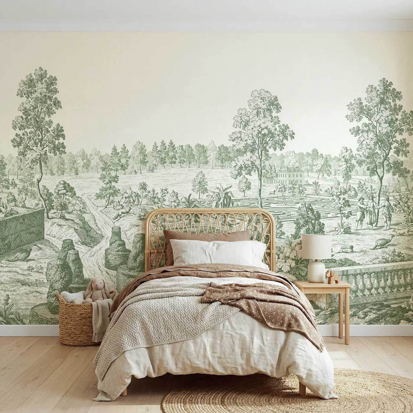 Toile wall mural of a topiary garden path in green ink by Whimsy Tots