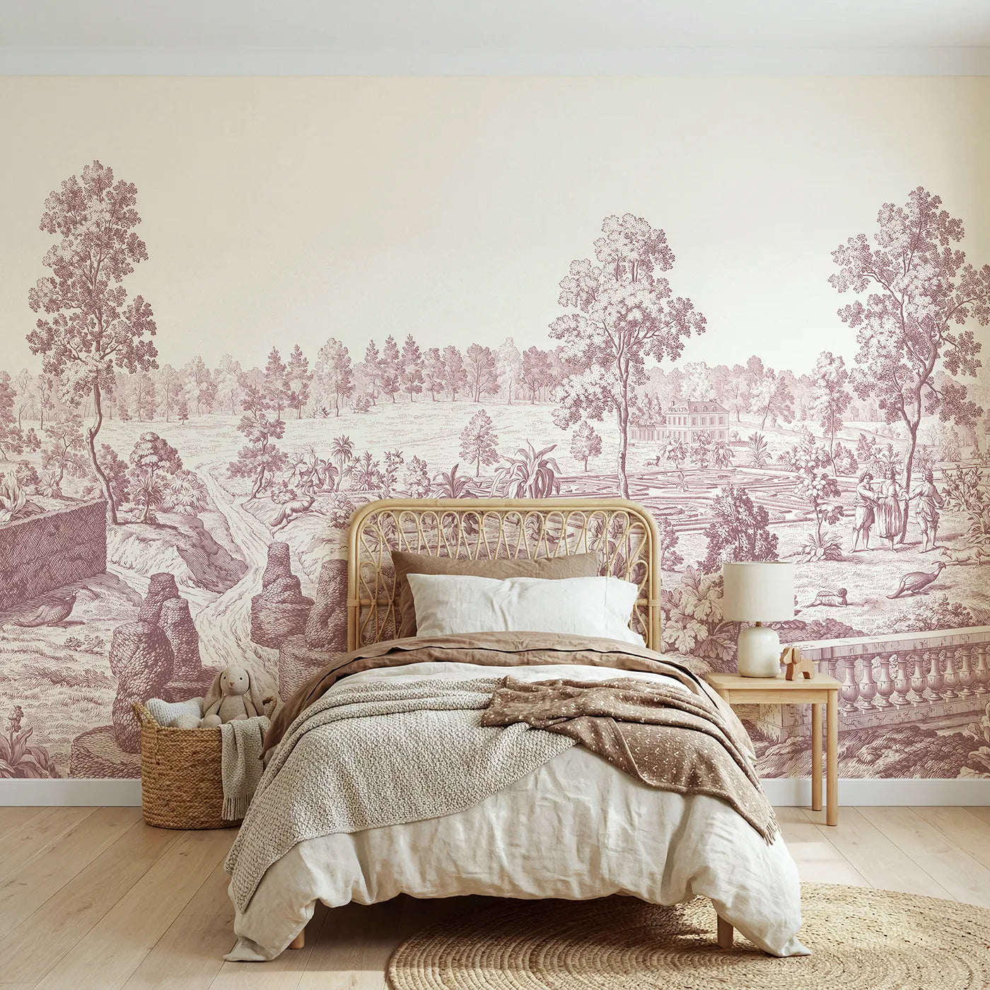 Toile wall mural of a topiary garden path in pink ink by Whimsy Tots