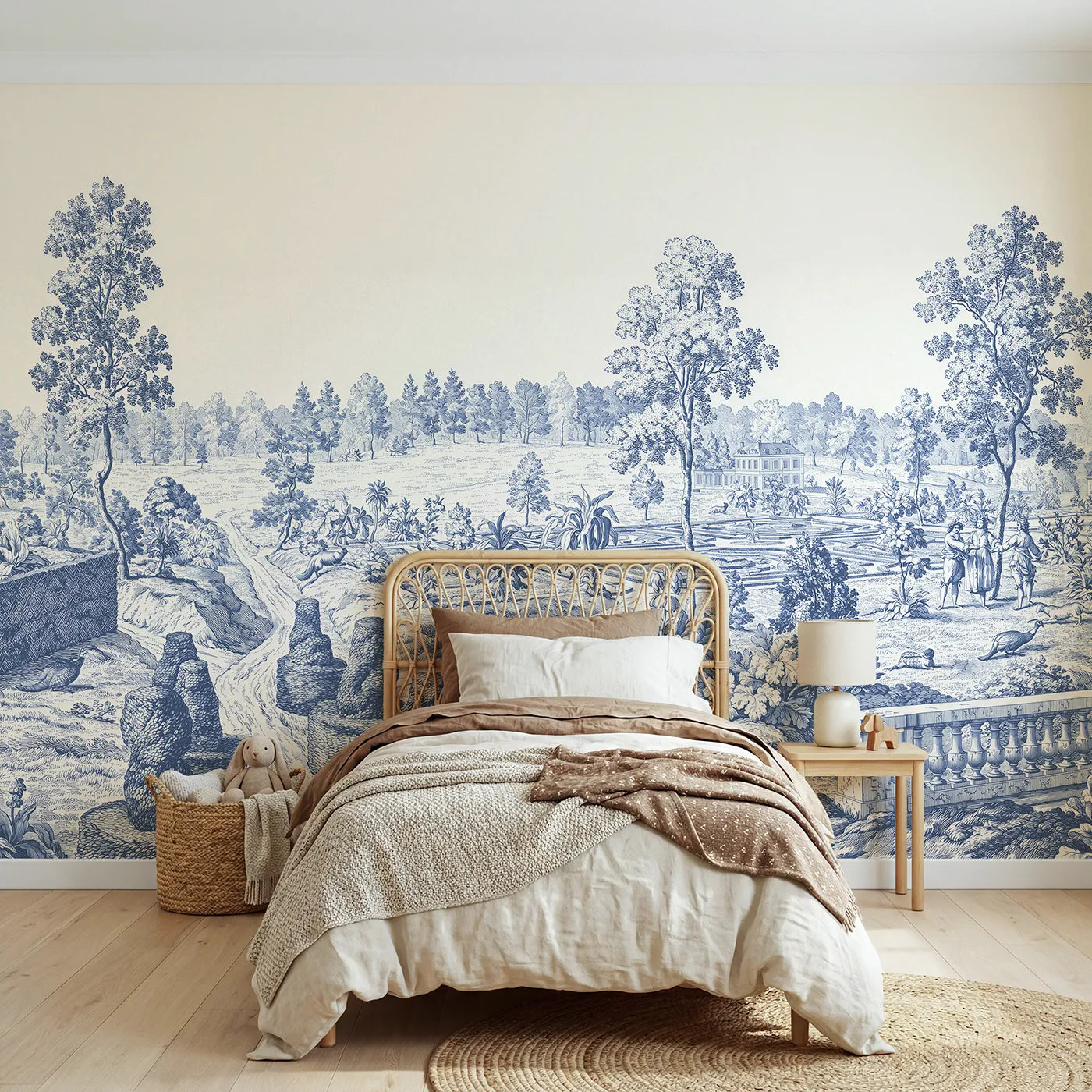 Toile wall mural of a topiary garden path in single ink by Whimsy Tots