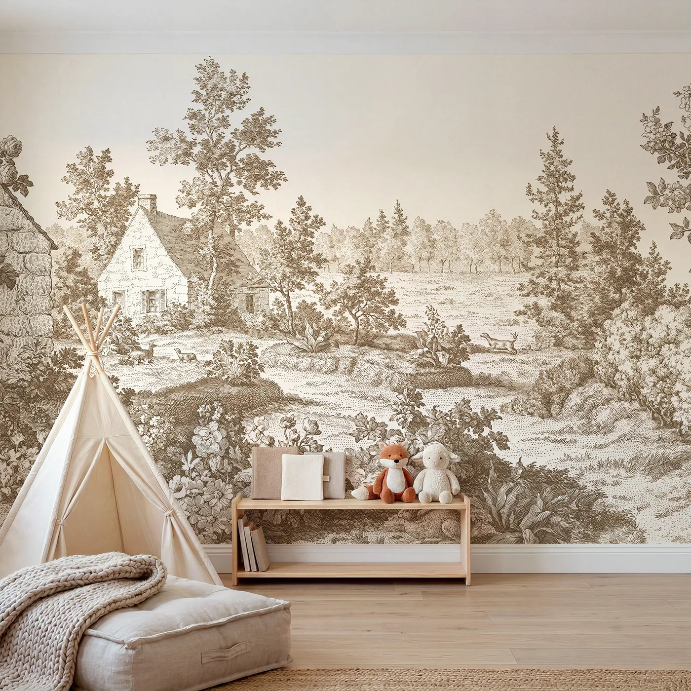 Toile wall mural of a cottage in a flower garden in brown ink by Whimsy Tots