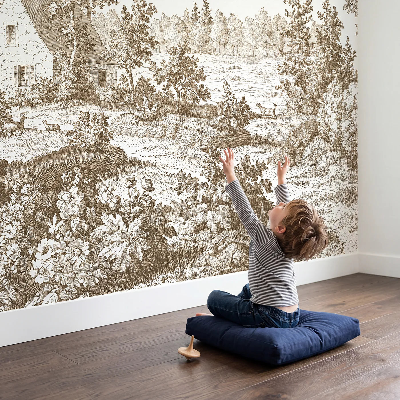 Child in nursery with Snug Cottage Garden Wallpaper Mural in Brown by Whimsy Tots