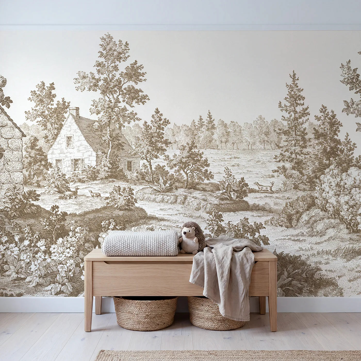 Snug Cottage Garden Wallpaper Mural in Brown in playroom setting by Whimsy Tots