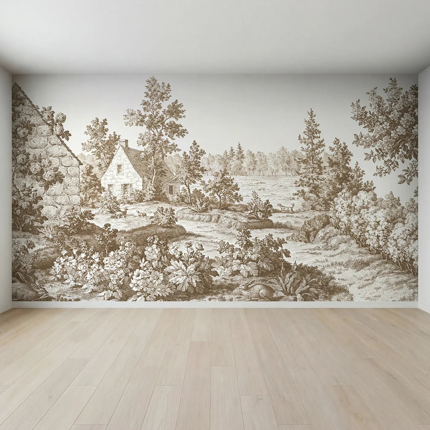 Full view of Snug Cottage Garden Wallpaper Mural in Brown by Whimsy Tots