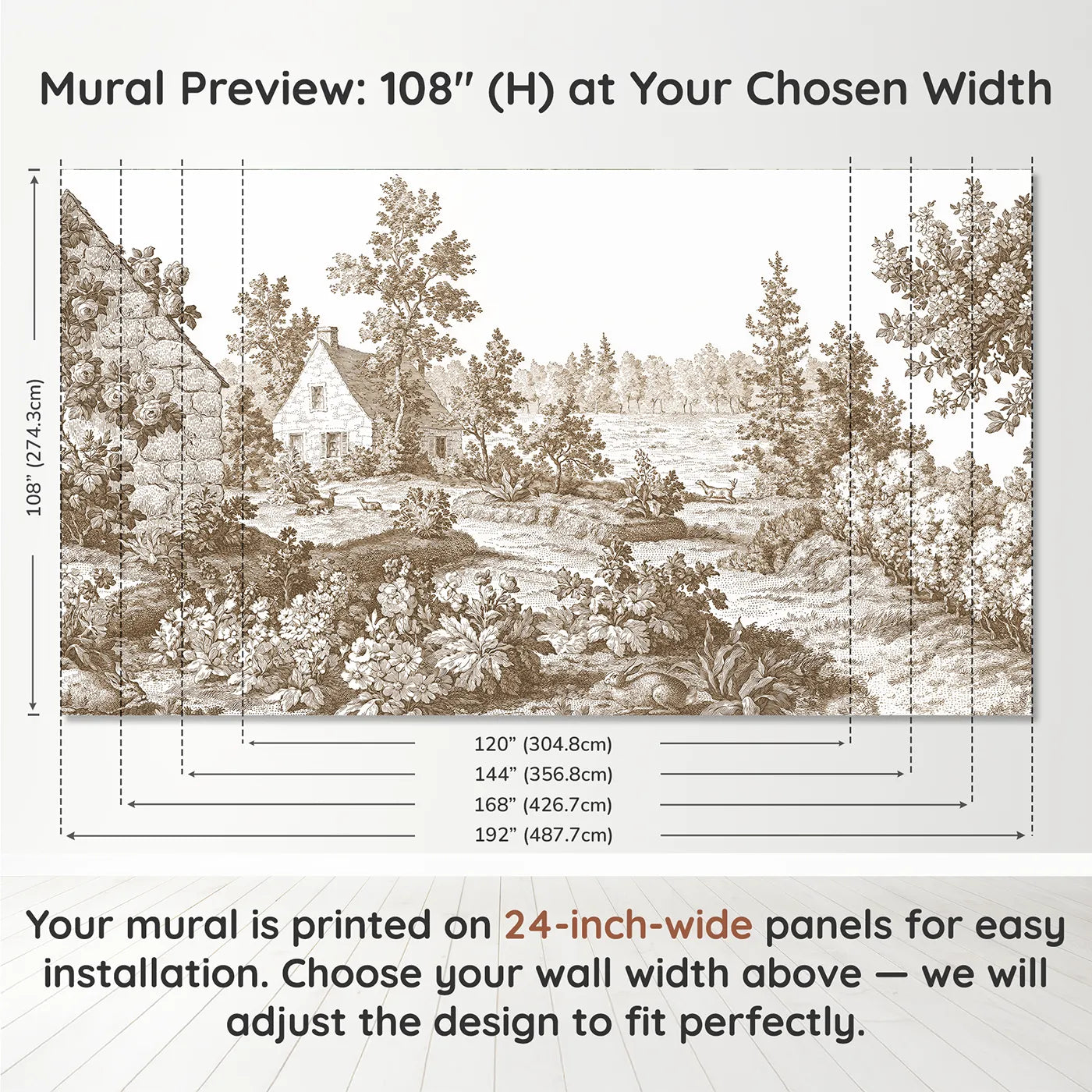 Panel layout and dimensions for Snug Cottage Garden Wallpaper Mural in Brown by Whimsy Tots