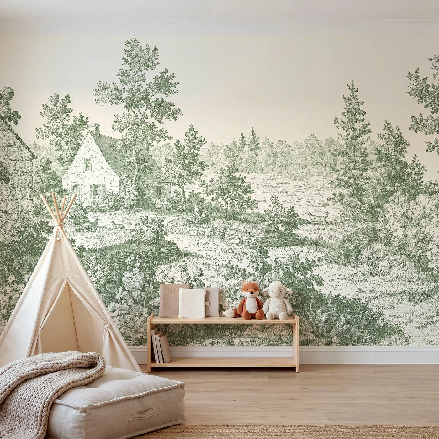 Toile wall mural of a cottage in a flower garden in green ink by Whimsy Tots