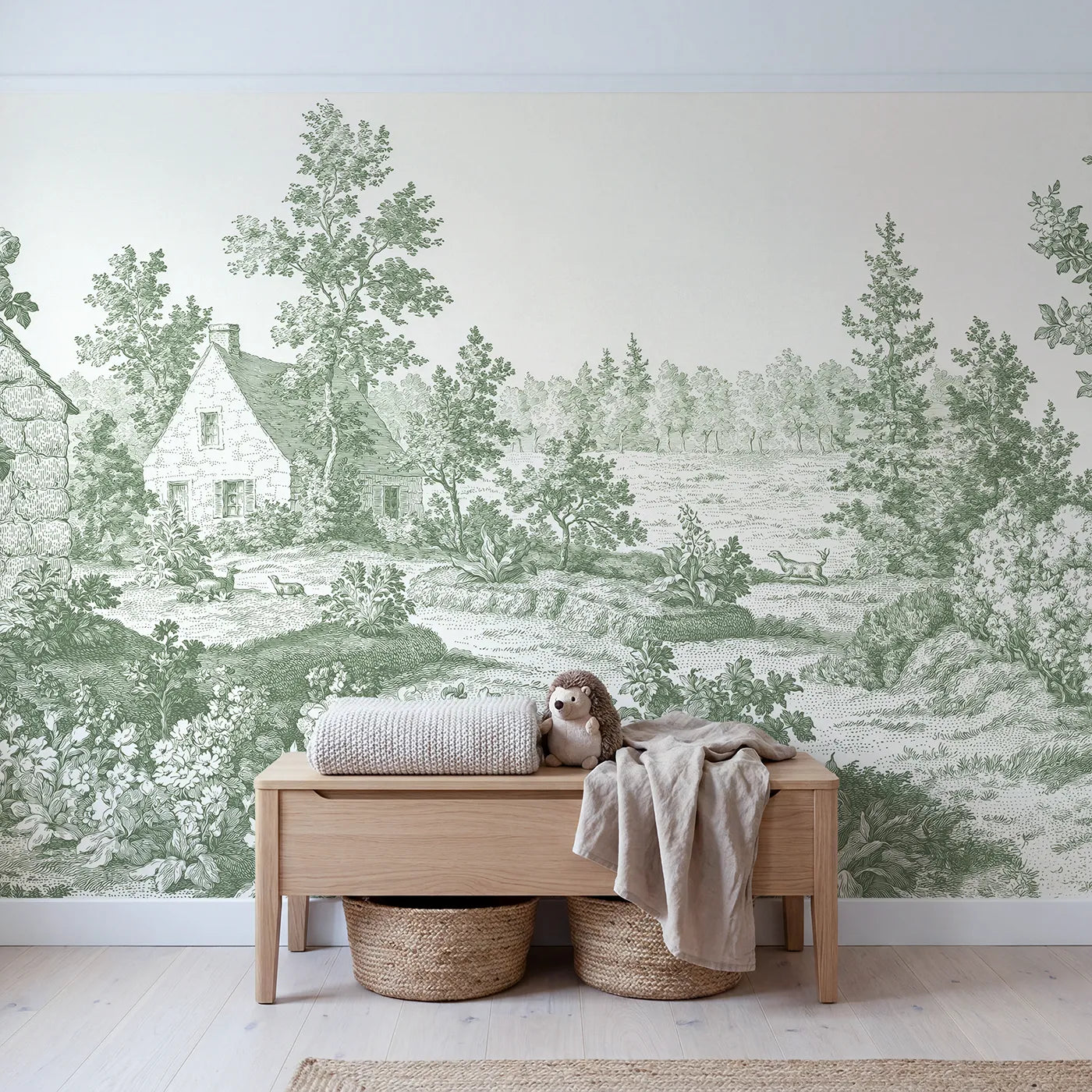 Snug Cottage Garden Wallpaper Mural in Green in playroom setting by Whimsy Tots