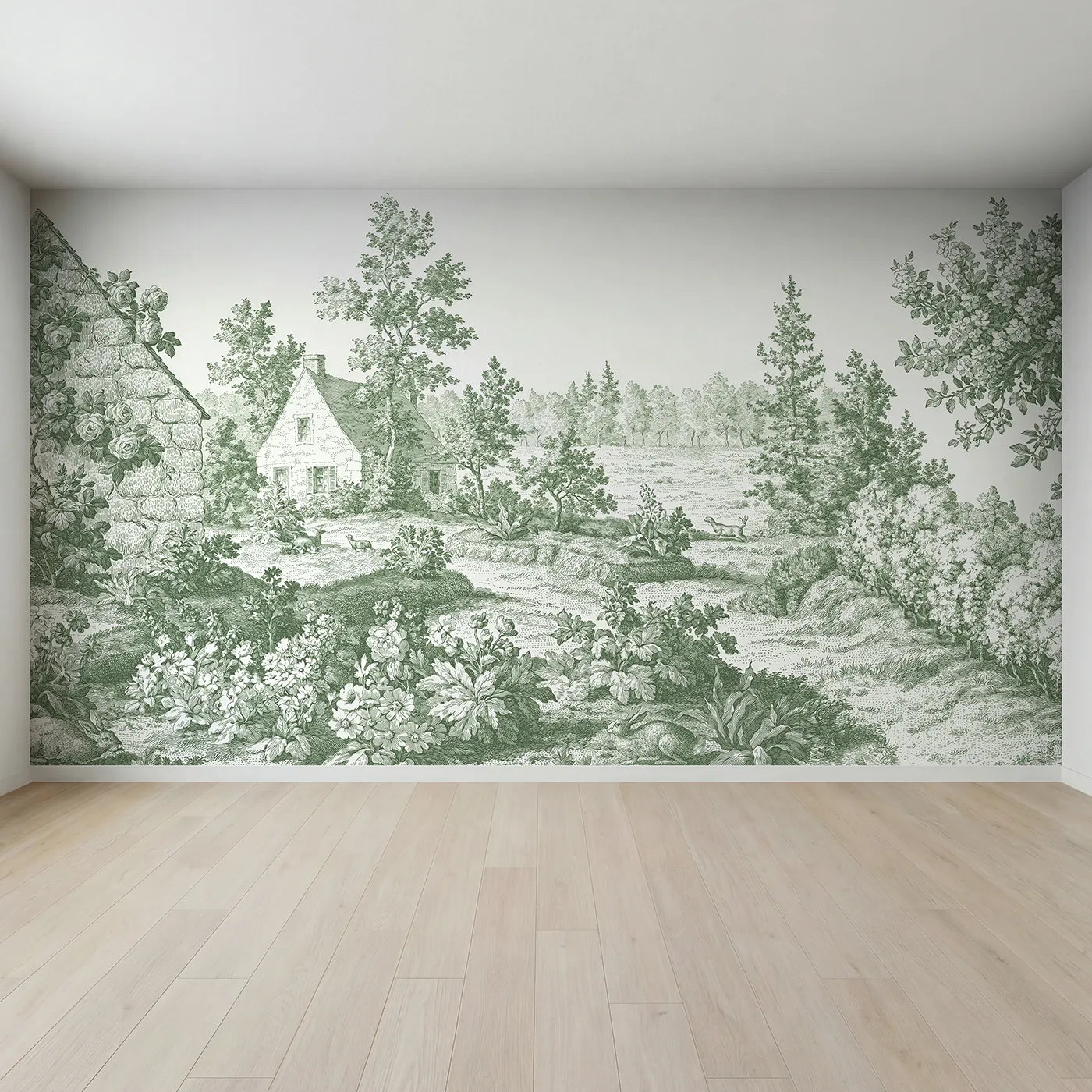 Full view of Snug Cottage Garden Wallpaper Mural in Green by Whimsy Tots