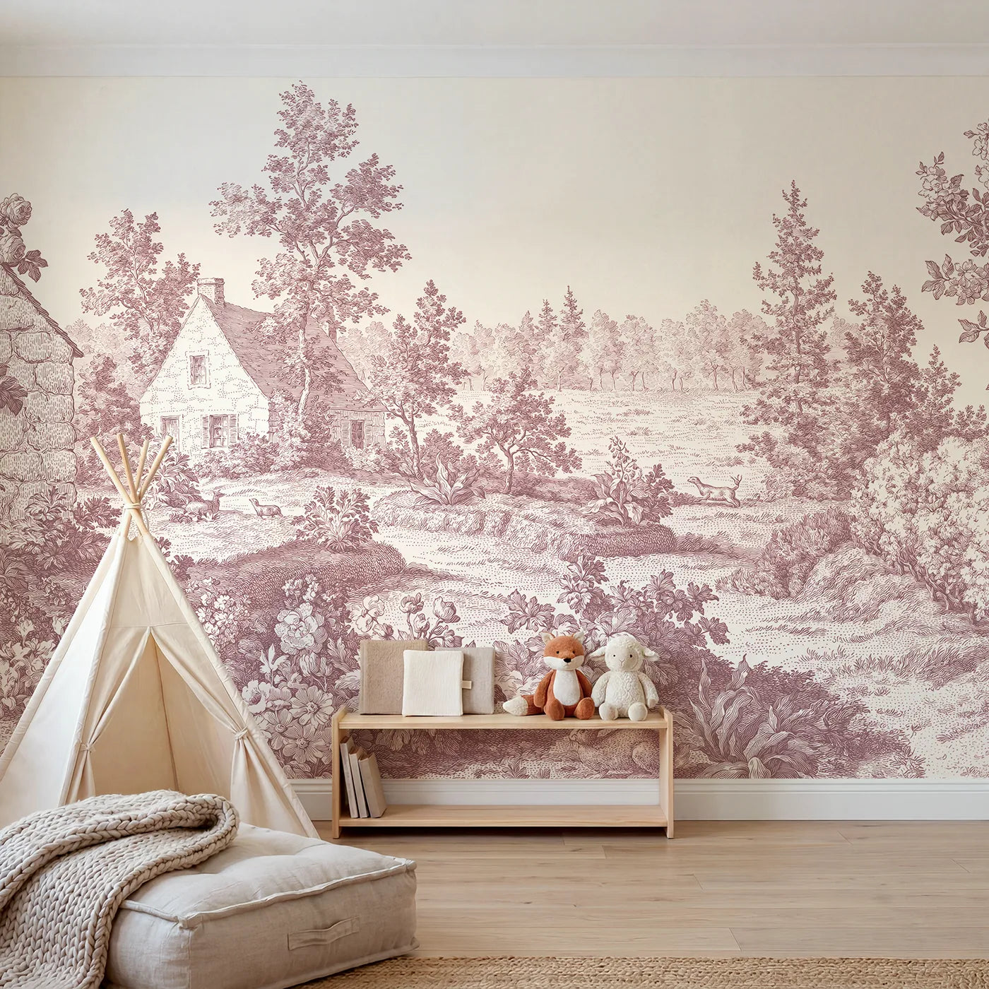 Toile wall mural of a cottage in a flower garden in pink ink by Whimsy Tots