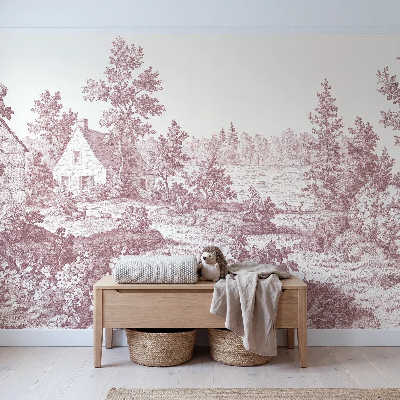 Snug Cottage Garden Wallpaper Mural in Pink in playroom setting by Whimsy Tots