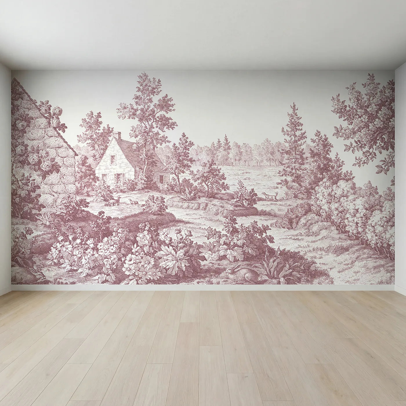 Full view of Snug Cottage Garden Wallpaper Mural in Pink by Whimsy Tots
