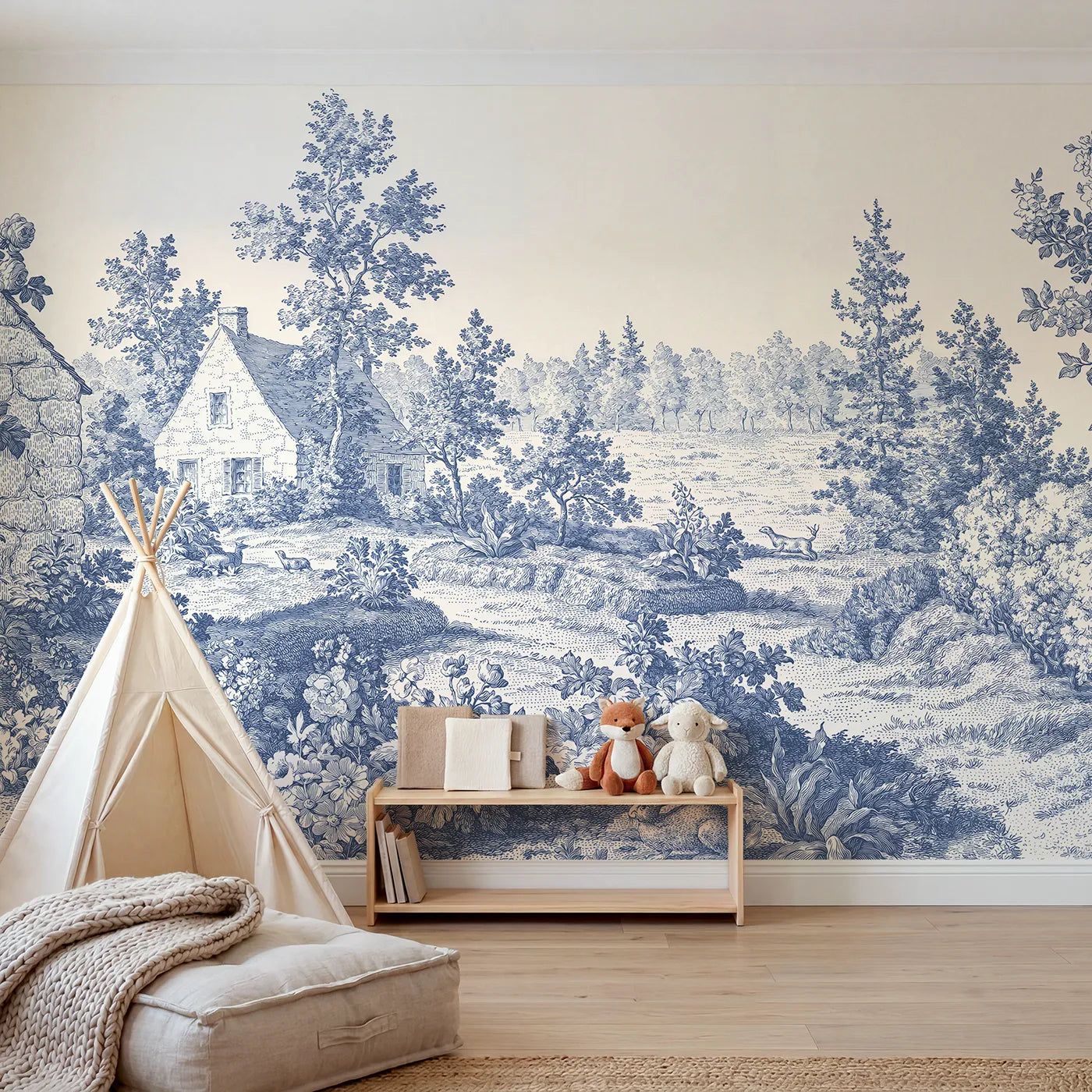 Toile wall mural of a cottage in a flower garden in single ink by Whimsy Tots