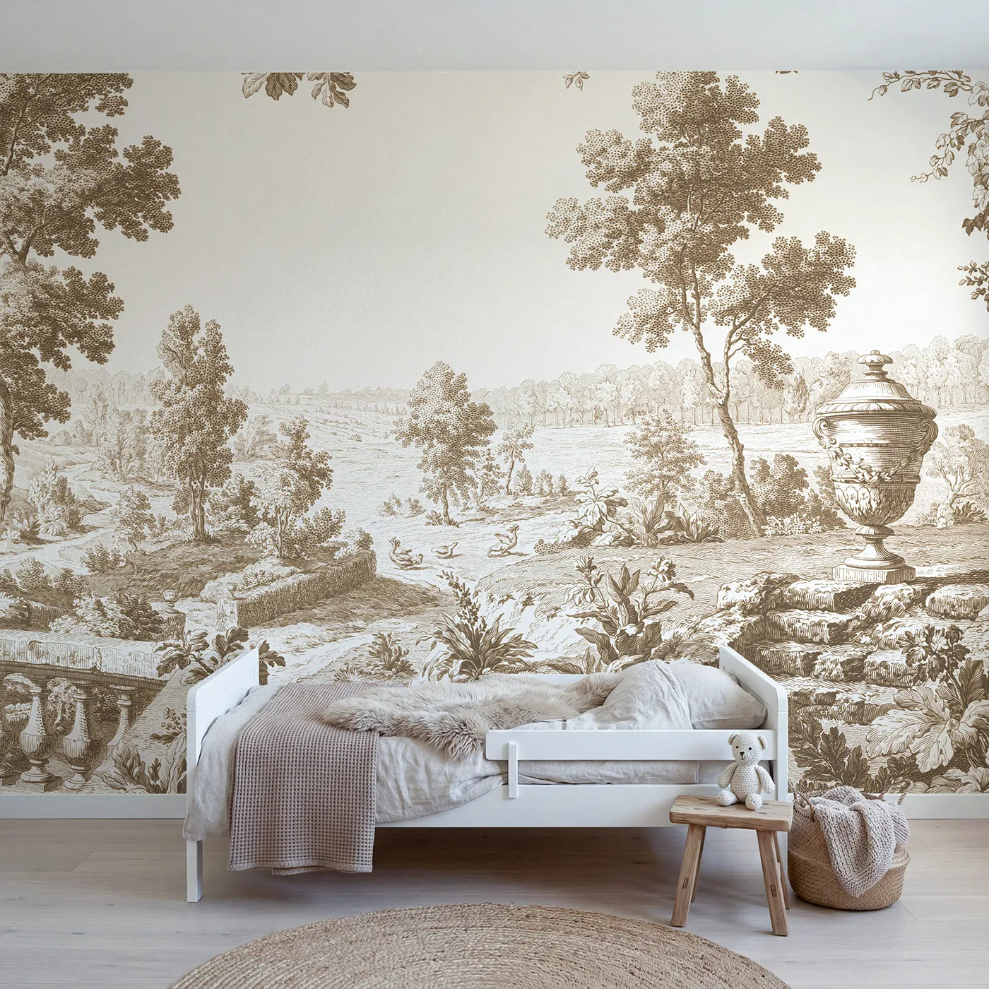 Toile wall mural of a garden urn on stone steps in brown ink by Whimsy Tots