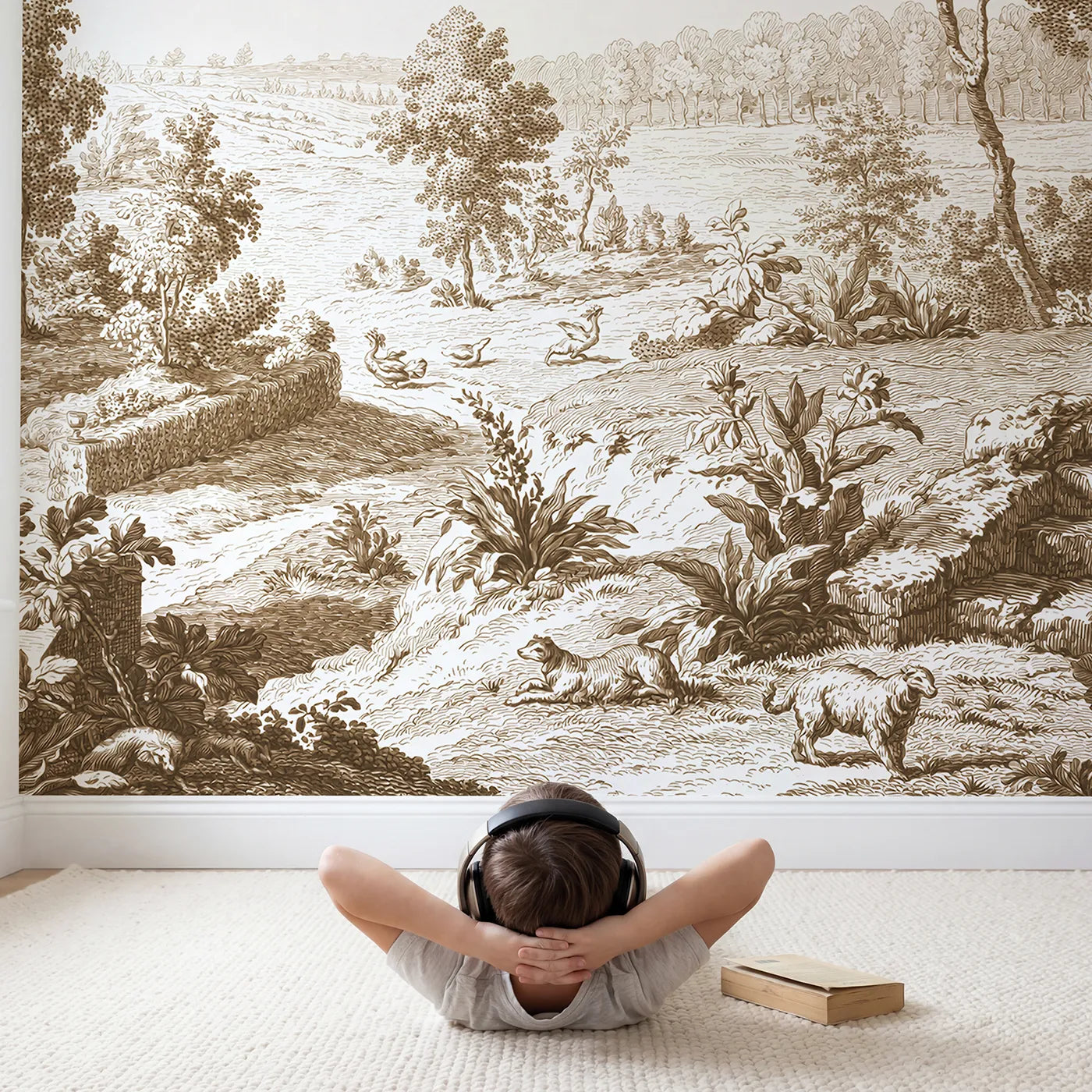 Child in nursery with Garden Urn Steps Wallpaper Mural in Brown by Whimsy Tots
